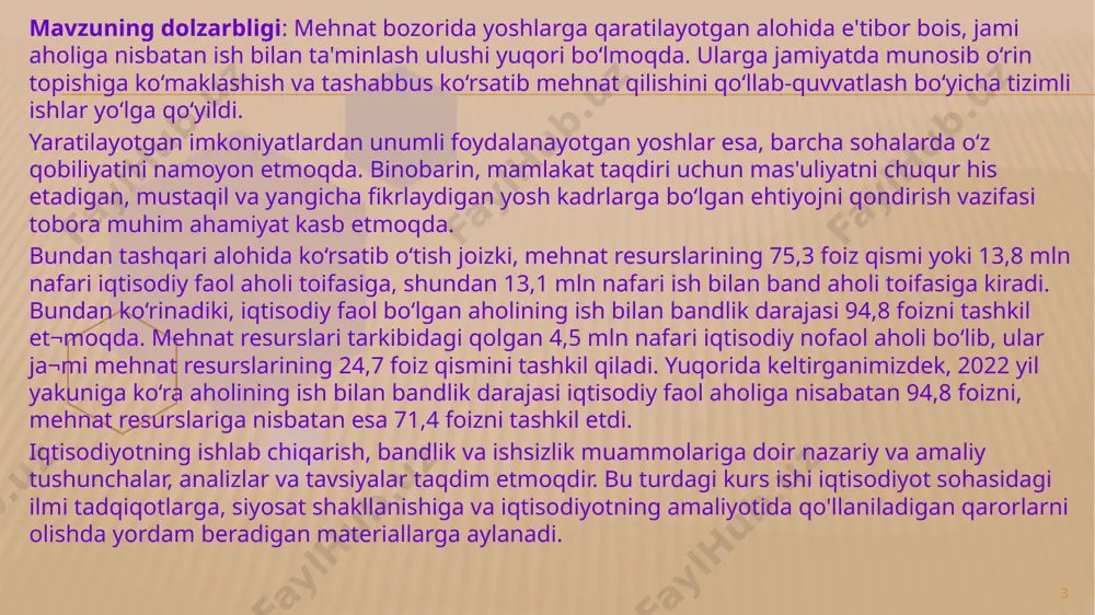 ishi mumkin. shaxsiy sharoitlar: salomatlik, oilaviy mas'uliyat yoki uy-joy bilan bog'liq muammolar kabi shaxsiy omillar sizning ishlash qobiliyatingizga ta'sir qilishi mumkin.mehnat bozorida talab va taklif: mehnat bozorida talab va taklif o'rtasidagi nomutanosiblik ham ishsizlikka olib kelishi mumkin. 5 ish qidirish va xodimlar va ish beruvchilar o'rtasidagi muzokaralar bilan bog'liq bo'lgan vaqtinchalik ishsizlik. iqtisodiy faoliyat va ishlab chiqarishdagi tebranishlar natijasida yuzaga keladi. turli sohalarda ishchi kuchiga talabning mavsumiy tebranishlari bilan bog'liq. friktsion ishsizlik ishsizlik turlari: tarkibiy ishsizlik tsiklik (opportunistik) ishsizlik mavsumiy ishsizlik ishchilar malakasi va mehnat bozori talablari o'rtasidagi mos kelmaslik natijasida yuzaga keladi. 6 turli sabablarga ko'ra, masalan, mashg'ulot, dam olish yoki oilaviy sabablarga ko'ra ish qidirmayotgan odamlar. ixtiyoriy ishsizlik turli sabablarga ko'ra, masalan, mashg'ulot, dam olish yoki oilaviy sabablarga ko'ra ish qidirmayotgan odamlar. ixtiyoriy ishsizlik ishsizlik turlari: yashirin ishsizlik uzoq muddatli ishsizlik ishlashni hohlovchi, lekin istiqbol yo'qligi yoki boshqa sabablarga ko'ra ish izlamayotgan odamlar. uzoq vaqt davomida ishsiz bo'lgan …