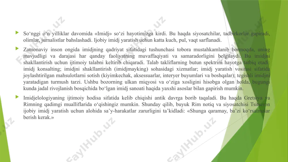 itasi sifatida qaraldi. keyinchalik “imidj” jamoatchilik munosabatlari nazariyasining (ingliz tilidan tarjimasi – public relation) asosiy elementiga aylandi va ijtimoiy-siyosiy hayotga mustahkam kirib bordi. mahalliy ilmiy adabiyotlarda «imidj» tushunchasi xx asrning 70yillarda kiritilgan. imidj – o‘z-o‘zidan yoki maqsadli shakllangan, boshqalarga hissiy va psixologik ta’sir ko‘rsatadigan obrazdir. imidj – boshqa odamlarning ko‘z o‘ngidagi odamning qiyofasi. imidjelogiya – boshqa odamlar ongida shaxs yoki hodisaning obrazini yaratishni o‘rganadigan fan. bu sohada mutaxassislarga bo‘lgan ehtiyoj imijmeyker kasbining paydo bo‘lishiga olib keldi. imidjelogiya quyidagi imidj turlarini ajratib turadi: shaxsiyat, korxonalar, - tovarlar, mamlakatlar va boshqalar. shaxs imidji - bu insonning shaxs (shaxsiy imidji) va professional (professional imidji) sifatidagi individual qiyofasi. shaxsiy imidjga tashqi sifatlar (yuz, kiyim-kechak, soch turmagi va boshqalar), individual xususiyatlar (ovoz, nutq, xulq-atvor va boshqalar), shaxsiy fazilatlar (temperament, xarakter va boshqalar) kiradi. professional imidj insonni ushbu kasbning mutaxassisi sifatida idrok etish sifatida zarur bilim, ko‘nikma va tajribani, shuningdek, tanlangan kasb bo‘yicha yuqori malakaga erishish …