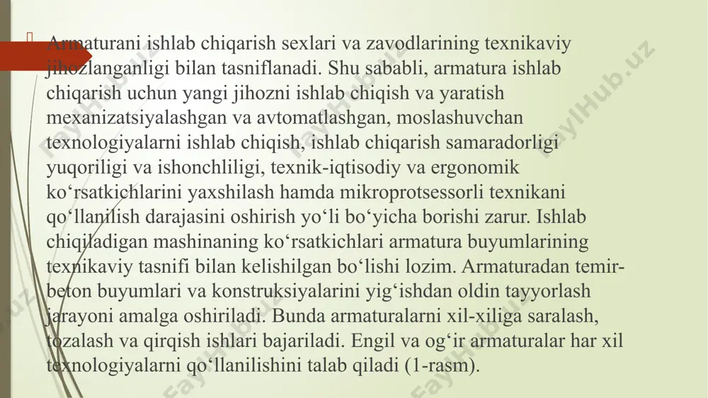 ‘ildirakchalar tozalanadi. bo‘yicha harakatlanish vaqtida bugungi kunda nafaqat dumaloq elementlarni kesadigan, balki navli prokat (yo‘l-yo‘l chiziqli, kvadrat, to‘g‘ri burchakli) va profilli prokat (burchakli, shveller, qo‘shtavr) kesimlarni kesadigan universal dastgohlar mavjud. uzluksiz texnologik qatorlarda armatura to‘ri tayyorlanadi. shuningdek, armatura o‘ramlarini qirqish uchun gidravlikli va mexanikli uzatmalarda maxsus gilotin qaychilar ishlatiladi. texnologik qatorlarda qirquvchi agregatlar armatura to‘rini ko‘ndalang bichib payvandlash uchun o‘rnatiladi. ushbu agregatlar zaruriyatga ko‘ra, to‘r va bir xil qadam bilan ishlaydigan payvandlash qatori qaytadan sozlash joyini o‘zgartiradigan pichoqlar qurilmasi bilan jihozlangan. armatura karkaslaridagi to‘rlarni ko‘ndalang va bo‘ylamasiga kesish uchun bir vaqtning o‘zida ikkita qaychi ishlatiladi. birinchi qaychi to‘rlarni ko‘ndalang va ikkichisi esa bo‘ylama yo‘nalishlarda kesishni ta’minlaydi. armaturani qirqish uchun ko‘chma elektr gidravlik dastgoh navli prokat (dumaloq, kvadrat, to‘g‘ri burchakli) kesimi bilan ishlash uchun qo‘llaniladi. dastgoh elektrodvigatel va gidravlik tizimli uzatma bilan jihozlangan. qirqish jarayoni joyi siljimaydiganga nisbatan joyini o‘zgartiradigan pichoq bilan amalga oshiriladi. ushbu dastgohning avtomatik tizimi ishlash jarayonini to‘liq …