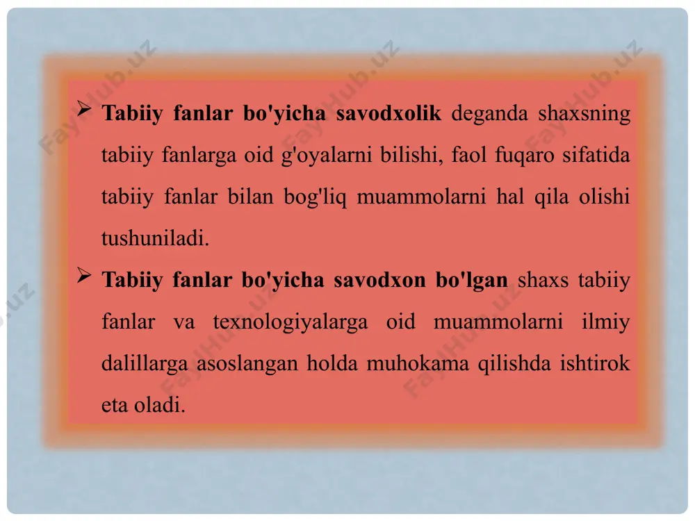 yatli qo'llay olish qobiliyati funksional savodxonlik - o'quvchining o'zlashtirgan bilim va ko'nikmalarini real hayotiy vaziyatlarda qo'llay olish, ziddiyatlar sabablarini tahlil qilish, izlash va aniqlash,o'z g'oyalarini taqdim etish qobiliyati hamda kelajak hayotida duch kelishi mumkin bo'lgan to'siqlarni yengib o'tishga tayyorligi darajasi pisa tadqiqotlarida tabiiy fanlar savodxonligi talablari va topshiriqlari o'quvchilar tabiiy fanlar bo'yicha savodxonlik kompetensiyalarini quyida keltirilgan ilmiy bilish turlari aks etgan baholash vositalari yordamida namoyish etadilar: fizik sistemalar (fizika va kimyo), tirik sistemalar (biologiya), yer va koinot haqidagi (geografiya, geologiya, astronomiya) fanlarning mazmunini bilish; ilmiy ma'lumot (bilim) lar olish uchun qo'llaniladigan turli xil metodlarni, shuningdek, standart tadqiqot jarayonlarini bilishga oid metodologik bilim; epistemik bilim, ya'ni bizning ilmiy tasavvurlarimiz ilmiy tadqiqot metodlari imkoniyatlarini tushunishimiz natijasiga aylanishi, ularning asoslanishi, shuningdek, faraz, gipoteza va kuzatish kabi tushunchalarning mazmun­ mohiyatini bilish. tabiiy fanlar mazmuniga oid bilimlar o'quvchilarning fandagi asosiy g'oyalar va nazariyalar, jumladan, koinot tarixi va miqyosi, moddaning zarrachalardan tuzilganligi, evolutsiya haqida bilimga ega …
