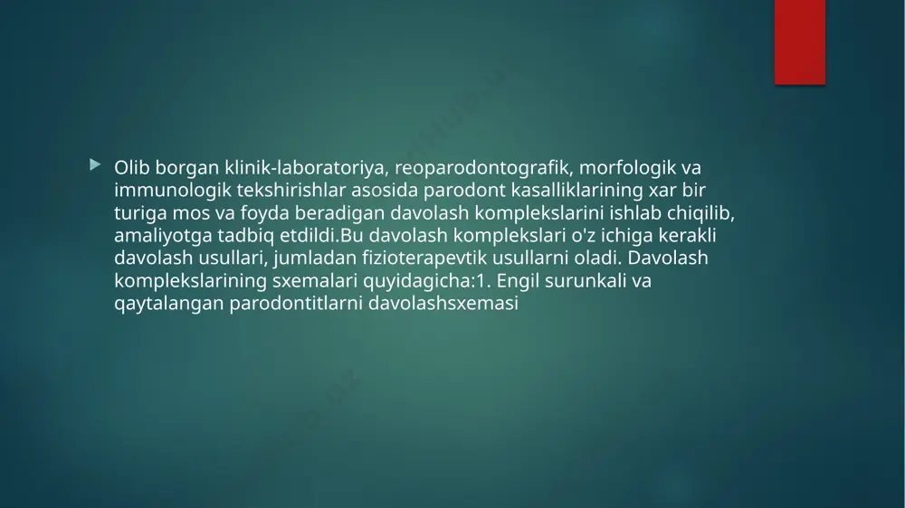ajni barcha turlari, kuf. tashxis davolash usuli fibrozli shakli milk so'rg'ichlarini nuqtali diatermokaogulyaciyasi, uchqunli darsonvalizaciyasi, gidroterapiya, parafin bilan davolash. yarali gingivit kuf, dorilar bilan chayish, lazer. parodontit: o'tkir va qaytalangan dorilar bilan chayish, kuf, uyuch-davolash, mikroto'lqinlar, flyuktuorizaciya, lazer surunkaliparodontoz gidroterapiya, darsonvalizaciya, automassaj, gidroeroionodavolash, elektroforez.automassaj, vibromassaj, gidromassaj, darsonvalizaciya,elektroforez idiopatik parodont kasalliklari fizioterapiya ko'llanilmaydi. parodontomalar fizioterapiya ko'llanilmaydi. image2.png image3.png image4.png image5.png /docprops/thumbnail.jpeg