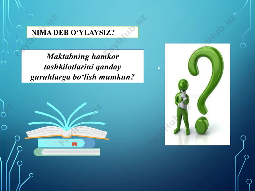 ri sport tadbirlari jamoaviy yig‘inlar kontsert tadbirlari ota-onalar yig‘inlari ochiq eshiklar kuni sobiq maktab o‘quvchilari bilan uchrashuvlar….. ijtimoiy ahamiyati yuqori tadbirlar o‘tkazish oavga axborotlar berib borish pr tadbirlarini o‘tkazish jamoatchilik bilan ishlash faoliyati yo‘nalishlari ta'lim xizmatlari bozorida tm ijobiy imiji; taklif qilinayotgan hizmatlar haqida ma'lumot; muvaffaqiyatli raqobat haqida ma'lumotlar berish; pedagoglar saytini yuritish… tm haqida informatsiya ta'lim jarayoni ishtirokchilari bilan aloqalar tmning veb-sayti forumlar, loyihalar; virtual tarzda ota-onalar bilan suhbat; maktabning elektron shakli; turli tm bilan hamkorlik; internet loyihalarda qatnashish… zamonaviy axborot texnologiyalarining va axborot almashinuvining keskin rivojanishi natijasida interaktiv ta’lim jarayonining o‘sib borish imkoni kengaydi. ma’lumotlar uzatish chegarasining kengaya borishi va uning jahon standarti darajasiga ko‘tarilishi ta’lim muassasasi uchun alohida maqom bo‘lajak. жамоатчилик билан ишлаш фаолияти йўналишлари халқаро олимпияда ва конкурслар илмий-амалий конференция ва ўқувлар фестивал, лойиҳалар намойиши маданий-таълимий лойиҳалар гуруҳларда иш тажриба ва маъданиятлар алмашинуви интернет фаолиятидаги лойиҳаларда иштирок этиш педагог ва ўқувчилар иштироки халқаро ҳамкорлик bugungi kunda …