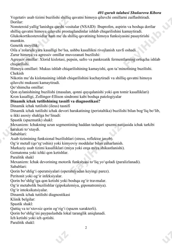 dagilar asosiy sabablar hisoblanadi: infeksion omillar: helicobacter pylori (h. pylori): bu bakteriya yara kasalligining eng asosiy sababi hisoblanadi. u me’da shilliq qavatiga yopishib, mukozal himoya qatlamini zaiflashtiradi va xlorid kislotaning shikastlovchi ta’sirini kuchaytiradi. noto‘g‘ri ovqatlanish: achchiq, sho‘r, qovurilgan va qattiq ovqatlarni tez-tez iste’mol qilish. ovqatlanish rejimining buzilishi (och qolish yoki muntazam ovqatlanmaslik). spirtli ichimliklar va kofeinli ichimliklarni haddan tashqari ko‘p iste’mol qilish. stress va psixogen omillar: uzoq muddatli stress natijasida me’da shilliq qavatining qon ta’minoti buziladi va kislotaning ortiqcha ishlab chiqarilishi yuzaga keladi. vegetativ asab tizimi buzilishi shilliq qavatni himoya qiluvchi omillarni zaiflashtiradi. dorilar: nonsteroid yallig‘lanishga qarshi vositalar (nsaid): ibuprofen, aspirin va boshqa dorilar shilliq qavatni himoya qiluvchi prostaglandinlar ishlab chiqarilishini kamaytiradi. glukokortikosteroidlar ham me’da shilliq qavatining himoya funksiyasini pasaytirishi mumkin. genetik moyillik: oila a’zolarida yara kasalligi bo‘lsa, ushbu kasallikni rivojlanish xavfi oshadi. zarur himoya va agressiv omillar muvozanati buzilishi: agressiv omillar: xlorid kislotasi, pepsin, safro va pankreatik fermentlarning ortiqcha …