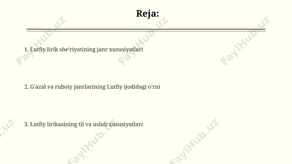 i taʼsirida, 7-8 baytlik anʼanaviy tuzilmalar ustunlik qiladi. lutfiyning sheʼriyatida, turkiy tiliga xos ijodiy tasvirlar bilan birga, fors adabiyoti taʼsiri ostida yuzaga kelgan 20 dan ortiq muhammas ham uchraydi. uning lirik sheʼriyatida, 150 dan ortiq ruboiy va qitʼalar mavjud boʻlib, ularning mazmuni asosan tabiat tasvirlari va insoniy tuygʻularga bagʻishlangan. xulosa: lutfiy lirik merosining janr xilma-xilligi lutfiyning sheʼriy ijodida tasavvuf, falsafa va muhabbat mavzusi aks etgan boʻlib, 15-17 asrlar oʻrtasidagi adabiyotning oʻziga xos xususiyatlarini oʻzida mujassamlashtirgan. lutfiyning 16-asrga oid gʻazal, ruboiy va muxammas kabi 3 ta asosiy lirik janrlarida 200 dan ortiq asarlari buxoro va samarqand kabi shaharlarda saqlanib qolgan. uning lirik merosi tarkibida 50 dan ziyod qoʻshiq, 100 dan ortiq ruboiy va turli xil hajmdagi gʻazallar mavjud boʻlib, bu uning janr xilma-xilligini koʻrsatadi. masnaviy janri lutfiy ijodining o'rni uning "gulshan-i anor" masnaviysi 7 bobdan iborat bo'lib, 3000 baytdan ortiq hajmdagi asar hisoblanadi va unda tasavvuf falsafasi va she'riy san'atning yuqori …