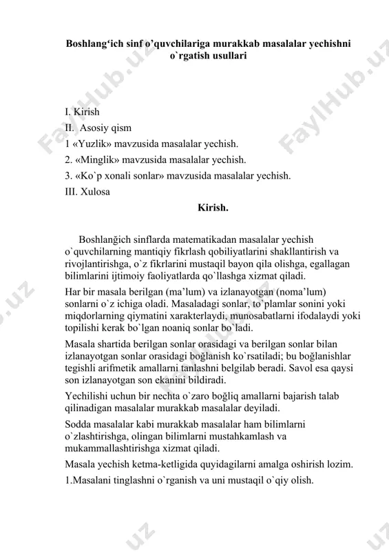 i. bir bidonda 32 l, ikkinchi bidonda esa 30 l sut bor. tushlik uchun 40 l sut ishlatildi. necha l sut qoldi? masalaning qisqacha yozuvi quyidagicha bo`ladi: keltirishdi-32l va 30 l ishlatishdi-40l qoldi-? echish: 32+30-40=22 l javob: 22 l sut qoldi masala6 o`quvchilar 80 kg uzum uzishdi. s’hundan 20 kgni maktab uchun qoldirib, qolgan uzumlarni yashiklarga joylab boğchaga jo`natildi. har bir yashikka 10 kg dan uzum ketsa, boğchaga necha yashik uzum jo`natishgan? bu masalada ikkita har xil kattaliklar bor: uzum massasi va yashiklar soni. buni quyidagi jadval bilan yozuv qilib yechamiz. узил ган узум мактаб да qолди qанча узум жo`на тилди hар бир яшик массаси неча яшикка жой бo`лади 80 кг 20 кг ? 10 кг ? echish: 80 kg-20 kg=60 kg 60 kg:10=6 javob: 6 yashik uzum jo`natildi. «minglik» mavzusida masalalar yechish endi «o`nlik», yuzlik» mavzulariga oid masalalarga tayangan holda uch xonali sonlar ustida masalalar yechishni ko`rib chiqamiz. masalan: …