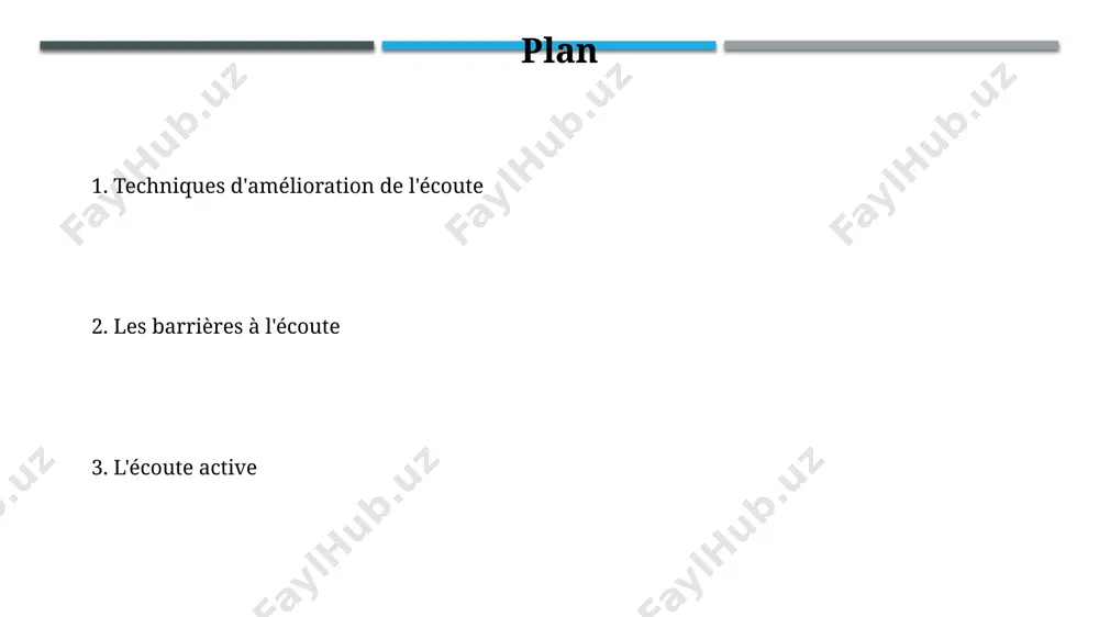 onstituer un contexte sonore complet. l'écoute exhaustive, ou "deep listening", implique une immersion totale dans le paysage sonore, analysant chaque fréquence de 20 hz à 20 khz pour une compréhension holistique, au-delà de la simple audition. évaluation des compétences d'écoute l'évaluation des compétences d'écoute inclut fréquemment des exercices de discrimination auditive, où les participants doivent distinguer entre des sons ou des mots similaires, avec un taux de réussite cible de 80%. les tests d'écoute évaluent la compréhension par le biais de questions à choix multiples, de résumés écrits ou de transcriptions partielles, notés sur une échelle de 1 à 10 pour la précision et la complétude. écoute discriminative l'écoute discriminative se concentre sur les différences subtiles dans les sons, comme distinguer les 5 nuances de "a" ou identifier l'instrument dans une mélodie de 4 instruments. essentielle en phonétique et en musique, l'écoute discriminative implique de reconnaître 10 à 15 phonèmes …