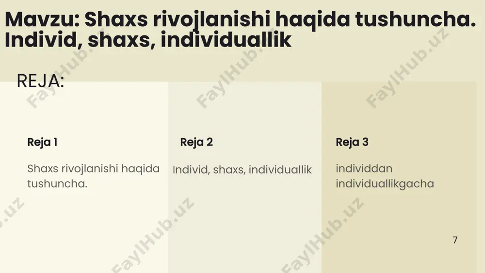 h va nasl qoldirish singari individual ehtiyoj bilan belgilanadi. 4 shaxs, mohiyatiga koʻra, madaniylashgan, ong, aql orqali faoliyatini boshqarish imkoniyatiga ega boʻlgan, ijtimoiy-tarixiy anʼana, turmush tarzi va tajribaga asoslangan muayyan avlodlar vakili. shaxs fenomeni inson olamining butun murakkabliklarini oʻzida mujassam etadi. uni har tomonlama oʻrganish maqsadida turli davrlarda tadqiqot olib borilgan. ayniqsa, sharqda u yuksak axloqiymaʼnaviy meʼyorlar orqali tushunilgan va oliy xilqat, bebaho qadriyat deb hisoblangan. inson shaxs sifatida komillikka intiladi, hayot mazmunini boyitadi, shu asosda kishilik jamiyatining goʻzal va farovon boʻlishiga ehtiyoj sezadi. umumiy pedagogika nazariyasi 5 shaxsning hayot tarzi bevosita jamiyat hayotiga daxldor va hayot neʼmatlaridan toʻla foydalanishga haqli. shaxs tushunchasi inson tushunchasining yuksak koʻrinishi, oliy maqomidir. har qanday odam tabiiy mavjudligi, yashash huquqi va hayot qadriyatiga ega boʻlgan jonzotdir. biroq u hamma vaqt ham toʻlaqonli shaxs boʻlib yetilmasligi mumkin. umumiy pedagogika nazariyasi individ, shaxs, individuallik 6 umumiy pedagogika nazariyasi individ individ - lotincha “individium” degan so‘zdan kelib …