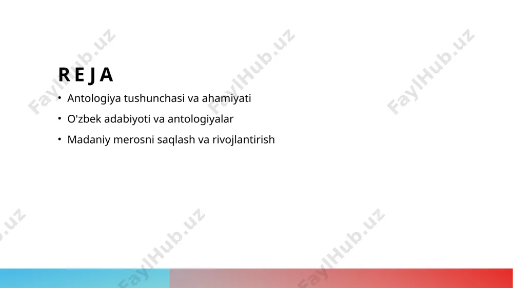y merosni saqlashda muhim ahamiyatga ega. o'zbek adabiyotidagi antologiyalar: tarix va rivojlanish jarayoni. 1 o'zbek adabiyotining tarixi o'zbek adabiyotidagi antologiyalar, qadimgi davrlardan boshlab, xalqning madaniy va tarixiy merosini saqlashda muhim rol o'ynagan. 2 antologiyalarning rivoji o'zbek adabiyotida antologiyalar, asosan, xx asrda rivojlanib, zamonaviy yozuvchilar va shoirlarning ijodini bir joyga to'plashga xizmat qilgan. 3 madaniyat va identitet antologiyalar, o'zbek xalqining madaniy identitetini shakllantirishda muhim vosita bo'lib, milliy qadriyatlarni va an'analarni targ'ib qiladi. antologiyalarning o'zbek madaniyatidagi roli va ahamiyati. antologiyalarning tarixi o'zbek madaniyatida antologiyalar tarixan muhim rol o'ynagan. ular o'zbek adabiyotining eng yaxshi namunalarini bir joyga to'playdi va avlodlarga yetkazadi. madaniyatni aks ettirish antologiyalar o'zbek madaniyatining xilma-xilligini va boyligini aks ettiradi. ular turli janrlar va davrlarning adabiy namunalari orqali madaniyatni saqlaydi. zamonaviy ahamiyati hozirgi kunda antologiyalar o'zbek adabiyotini rivojlantirishda muhim ahamiyatga ega. ular yangi avlod yozuvchilarining ijodini taqdim etadi va o'qish madaniyatini oshiradi. o'zbek adabiyotida antologiyalar orqali madaniy merosni saqlash. 01 antologiyalar …