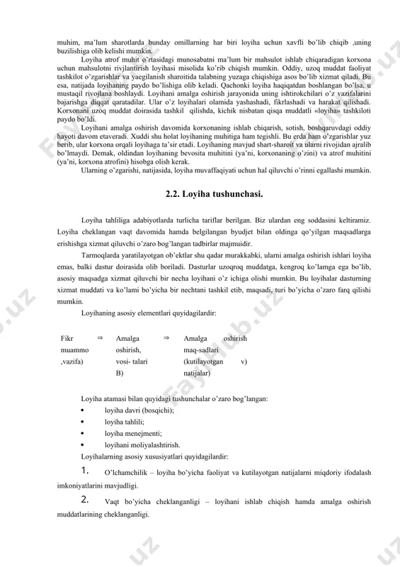 qurish yoki asoslarni barpo qilish – bu shunday loyihalarni, ular uchun quyidagilar aniqlangan va belgilangan: loyiha maqsadi (masalan, uy maydonining kv.m. mahsulotning ishlab chiqarish hajmi, o’lchami va profili): bitimning muddati va davomiylik; loyiha harajatlari, loyihaning talab qilingan resurslari va haqiqatdagi qiymati birinchi o’rinda ishlarning bajarilish yo’nalishi va har bir loyihaning ilgarilab borishiga bog’liq bo’ladi. talab qilinayotgan quvvat bu tur loyihalar uchun bosqichlar jadvali va tayyorgarlik muddati hamda loyihaning yakunlanishi asosida taqdim qilinishi kerak. ilmiy izlanish va rivojlanish loyihalari. yangi mahsulotni ishlab chiqarish, qurilish sohasidagi izlanishlar yoki yangi informasion boshqaruv tizimlarini ishlab chiqish quyidagi xususiyatlar bilan xarakterlanadi: loyihaning bosh maqsadi aniq belgilangan, lekin alohida maqsadlar xususiy natijalarga erishishi doirasida aniqlanishi kerak; loyihaning yakunlanishi va davomiyligi muddati oldindan aniqlangan, ularga iloji boricha aniq rioya etish zarur, ammo ular olingan oraliq natijalar va loyihaning umumiy siljib borishiga bog’liq hamda to’g’rilanishi ham kerak; loyihaning harajatlar rejasi odatda ajratilgan assignasiyalar va oz miqdorda loyihani haqiqatda …