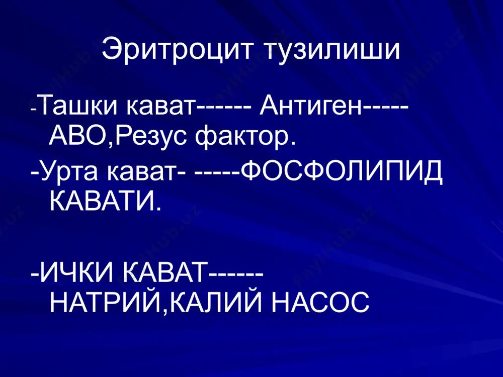арнинг вазифаси: - фагацитоз - антителалар ишлаш. - оксил табиатли токсинларни парчаланиш лейкацитоз- 1мкл конда лейкоцитларни сони 10.000 дан ошса. лейкоцитоз булиши мумкин: 1.физологик лейкоцитоз: - овкат хазм килишда. - жисмоний мехнатда. - огрик сезилганда - кучли эмоцияларда 2. поталогик ёки реактив лейкоцитоз - организмда яллигланиш жараёнида . - юкумли асалликларда. -шамоллашда лейкопения – конда лейкоцитлар сони 4.000 дан камайса. лейкопения: -нур касаллигида -радиоактив фонни ошиши -мия суякларининг зарарланиши. лейкоцитларни хамма турлари амебасимон харакат га эга, кон томир деворидан чикиш мумкин буни диапедез деб аталади. лейкоцитлар. миерида 1 мкл конда лейкоцитлар 4000-1.0000 лейкоцитлар: донали (гранулацтлар) ва донасиз агранулоцитлар. гранулоцитлар. 1) эозинофиллар 2) нейтрфиллар 3) базофиллар эозинофиллар – 2-4%ни ташкил килади, 1мкл конда 100-350 эозинофиллар оксил табиатли токсинларни ет оксилларни парчалаш хамда зарарсизлантиради. уларни сони эрталаб 20% камаяди, ярим кечада 30% ошади. эозинофелия- эозинофилларни микдорини ошириш. эозинофелия кузатилинади: 1. аллергик реакцияларда 2. гижжа инвазияларида. 3. аутоиммун касаликларида 2) нейтрофиллар – 20% …