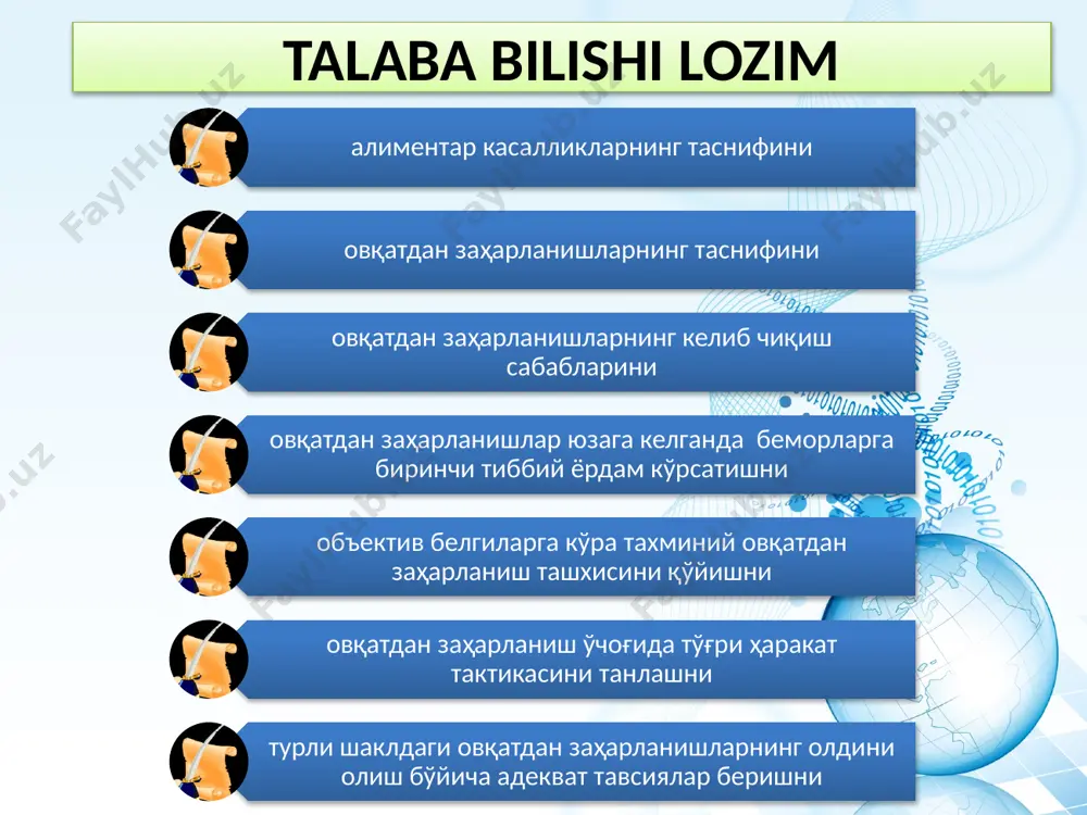mshoqk tanglayning falajlanishi, til, yutqun, hiqildoqlarning falajlanishi, so’zlarni chaynash, yutish jarayonlarining izidan chiqishi, oshqozon-ichak yo’li mushaklarining parezi (ichqotish, meteorizm) kuzatiladi. tana harorati me’yorida bo’lib, puls tezligining ortishi. davolanishning maxsus usuli bo’lib, bemorga polivalentli zardob yuboriladi. botulizm zaharining borligini aniqlash uchun biologik sinama quyiladi. bu maqsadda dengiz cho’chqasi yoki sichqonlardan foydalaniladi. stafilokokkli toksikoz stafilokokkli toksikozlar – kasallik manbai – odam (angina, yuqori nafas yo’llarining yallig’lanishi, yiringli kasalliklar, teri yarasi, sigirlarda mastit kasalligi) hisoblanadi. stafilokokk toksinining to’planishi uchun qulay sharoitlar quyidagilardan iborat: sut, sut mahsulotlari, konditer mahsulotlari, ayniksa yog’li baliq konservalar. kasallikning yashirish davri 1-6 soat. tana harorati sufebril bo’lib, ko’ngil aynish, qusish, oshqozon sohasida og’riq, ich ketish hollari kuzatiladi. kasallikga tashxis quyish uchun shubhali ovqat mahsuloti muhitiga o’xshaganida ko’p miqdorda enterotoksin ishlab chiqarilishiga va uning gemolitik xususiyatiga ko’ra qo’yiladi. enterotoksin xususiyatini aniqlash uchun biologik sinama qo’yiladi. salmonella guruhiga kiruvchi tirik mikroorganizmlarni, patogen serotipiga kiruvchi ichak taekchasi mikroblari, protey, spora xillari kuchli …