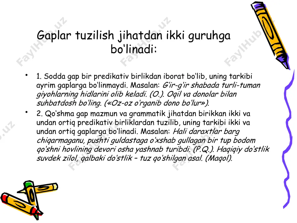 om chog‘i... vatan bo‘ylab qadam - qadamlab quyosh o‘tdi dengizlar, tog‘lar ortiga. (shayxzoda). aqlni beaqldan o‘rgan. (maqol). bir bosh bo‘lakli gaplar, bosh bo‘lakning qaysi biridan tashkil topishiga ko‘ra, ikki guruhga bo‘linadi: egasiz gaplar, kesimsiz gaplar. egasiz bir bosh bo‘lakli gaplar faqat kesim tarkibidan topish mumkin yoki mumkin emasligiga ko‘ra egasi topiladigan va egasi topilmaydigan gaplarga bo‘linadi. kesimsiz bir bosh bo‘lakli gaplar nominativ (atov) gaplardir. 1. egasi topiladigan gap egasi topiladigan gaplarda egasi kesim orqali beriladigan so‘roq bilan topish mumkin. bunday gaplar shaxsi aniq, shaxsi noaniq, shaxsi umumlashgan gaplarga bo‘linadi. shaxsi aniq gap. kesimi, asosan, fe’l bilan, ba’zan fe’ldan boshqa so‘z bilan ifodalanib, harakatni bajaruvchi shaxsni aniq ko‘rsatib turadigan bir bosh bo‘lakli gap shaxsi aniq gap deyiladi. shaxsi aniq gaplarda ega lesik jihatdan shakllanmaydi va unga hech qanday ehtiyoj ham bo‘lmaydi; kesim vazifasida kelgan so‘z tarkibidagi tuslovchi affikslar shaxsni aniq ko‘rsatib turadi. shaxsi aniq gapning kesimi quyidagicha ifodalanadi: 1. aniqlik (ijro) …