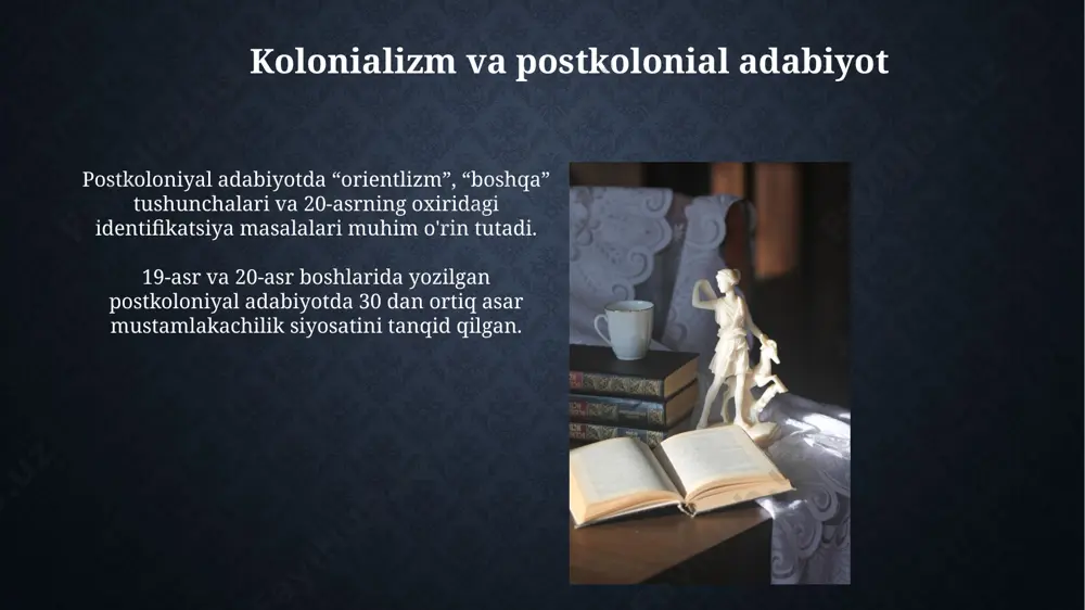 do bo'ldi. avangard yo‘nalishlari va ularning o‘ziga xosligi avangard yo‘nalishlar klassik adabiyotning an’anaviy shakl va tuzilmalaridan voz kechib, yangi eksperimentlar, masalan, “o‘z-o‘zidan oqish” (free verse) kabi texnikalarni qo‘lladi. 19-asr oxiri va 20-asr boshlarida avangard adabiyotining 3 ta asosiy yo‘nalishi – futurizm, kubizm va sürrealizm – o‘ziga xos uslub va mavzu tanlovlari bilan ajralib turdi. ijtimoiy-siyosiy adabiyotning rivojlanishi "ijtimoiy-siyosiy adabiyot" atamasi o‘zida realizm, naturalizm va modernizm kabi yo‘nalishlarni o‘z ichiga olib, taxminan 100 ga yaqin asarni qamrab olgan. 19-asr oxiri va 20-asr boshlarida ijtimoiy-siyosiy adabiyotning rivojlanishiga rus-yapon urushi (1904-1905) katta ta’sir ko‘rsatdi, milliy ozodlik g‘oyalari kuchaydi va adabiyotda aks etdi. milliy ozodlik harakatlari va adabiyot чўлпон, фитрат каби йирик шоир ва ёзувчиларнинг ижодида миллий мустақиллик ғоялари, 20-йиллардаги янгиланган адабиётдаги реалистик ва романтик оқимларнинг кураши кўзга ташланади. xix аср охири ва xx аср бошларидаги миллий озодлик ҳаракатлари жадал ривожланиши 1868 йилдаги туркистонни россия томонидан босиб олиниши билан боғлиқ бўлиб, бу давр адабиётида …