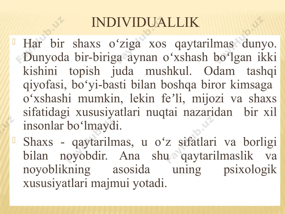 si inert qo’zg’alish va tormozlanish almashinishi sekin sir saqlay oladi muloqatga sekin kirishadi 24 flegmatik flegmatik - kishining tinch va harakatsizligini bildiradi. hayot yoʻli tekis va ravon, shoshilmasdan harakat qiladigan, kamgap inson. 25 flegmatik toifasiga xos sifatlar 1) bosiq va sovuqqon; 2) ishlarda sobitqadam va mulohazali; 3) ehtiyotkor va andishali; 4) kutishga qodir; 5) kamgap va bekorga gapiraverishni istamaydigan; 6) osoyishta, bir maromdagi, his-xayajoni yaqqol ifodalanmagan, harakat va mimikaga boy boʻlmagan nutqqa ega; 7) vazmin va sabr-toqatli; 8) boshlangan ishni oxirigacha yetkazsadigan; 9) kuchini bekorga sarflamaydigan; 10) vujudga kelgan hayot tartibiga, ishdagi sistemaga qatʼiy rioya qiladigan; 11) tutoqib ketishdan osongina oʻzini tiyadigan; 12) maʼqullash va tanbehlardan kam taʼsirlanadi; 13) muloyim, oʻz shaʼniga aytilgan qaltis hazillarga kechiruvchan munosabatda boʻladi; 14) oʻz munosabat va qiziqishlarida barqaror; 15) ishga bafurja kirishib, bir ishdan ikkinchisiga sekinlik bilan oʻtadi; 26 melanxolik- xarakteristikasi melanxolik- temperamentidagi odam hissiyotlarining juda sekin qoʻzgʻalishi , lekin kuchli va uzoq davom …