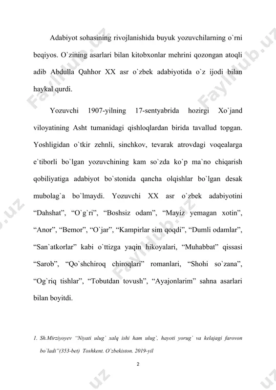 egallaydi. prezidendimiz shavkat mirziyoyev o`zining “xalqimizning roziligi bizning faoliyatimizga berilgan eng oliy bahodir” asarlarida ham yozuvchi va san`atkorlarga ushbu fikrlarini aytib o`tganlar: “adabiyot va san`atning naqadar qudratli kuchga ega ekani haqida sizdek zukko insonlar huzurida so`z yuritishga, ochig`ini aytsam men tortinaman. lekin mana shunday buyuk, ilohiy kuchdan biz mamlakatimiz, el-yurtimiz ravnaqi yo`lida oqilona va samarali foydalanyapmizmi? yoki ulug` adibimiz a.qahhor aytganidek, atomning kuchini o`tin yorishga sarflamayapmizmi?” 2 chindan ham yozuvchi ijodi boshqalarga o`rnak qilarlik darajadadir. biz, abdulla qahhorni ko`proq hikoya janri ustasi sifatida yaxshi bilamiz. uning hikoyalari hayotiy asarlarga egaligi uchun ham hozirgi kungacha o`z ahamiyatini yo`qotgani yo`q. shu o`rinda yirik tadqiqotchi umarali normatovning abdulla qahhor haqidagi quyidagi fikrlarini aytib o`tmoqchimiz. “qahhor tabiati, iste`dodi, yo`nalishi jihatidan hayotdagi, odamlar qismatidagi fojiylikni teran his etadigan adibdir. uning eng yetuk hikoyalari ayni fojeyi holat, qismatlar ifodalangan asarlardir. hikoyalardagi personajlar hayotidan olingan epizodlar, lavhalar garchi muayyan intiho, badiiy yechim bilan yakunlansa-da, bunday yakun qalbdagi …