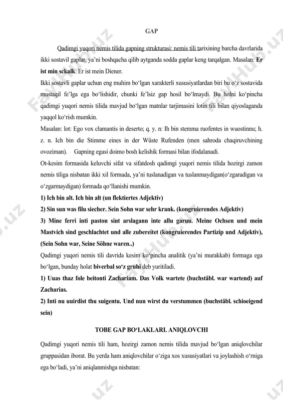yuqori nemis tilida so‘z tartibi hozirgi zamon nemis tilidagidek qonunlashtirilmagan, yoki boshqacha qilib aytganda, to‘g‘ri yoki teskari so‘z tartiblarida eganing o‘rni qat’iy belgilanmagan. 1). ega gapning boshida kelganida u birinchi o‘rinda turadi (ya’ni to‘g‘ri so‘z tartibi). a). sum man habeta zuuene suni. ein gewisser man hatte zwei söhne . er floh in thaz gibirgi. er floh ins gebirge. 2). teskari so‘z tartibida esa ega 2 va 3 o‘rinlarda turadi: a). forn her ostar giweit. einst reiste er ostwärts. b). in there ziti fuor jesus in restitage after sãtim. in dieser zeit wanderte jesus an einem feirtage ein saatfeld entlang. 3). agarda birinchi o‘rinda to‘ldiruvchi yoki hol kelsa, u holda eganing tutgan pozitsiyasi tubdan o‘zgarishi, ya’ni surib qo‘yilishi mumkin: a). sus in uuege quam ein uuib. da kam des wegas ein weib. b). tho quadun zi imo sine bruoder. da sagten ihm seine brüder. gap tarkibida kesimning o‘rni. so‘z tartibi to‘g‘risida …