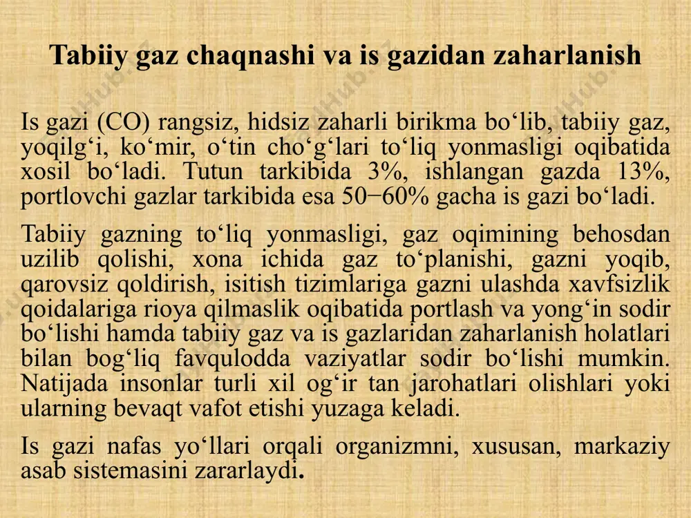 g‘liq bo‘ladi. zaharlanish engil, o‘rta va og‘ir darajalarda bo‘ladi, yengil turdagi zaharlanishda bosh qattıq og’ıradı, bosh aylanadı, quloqlar shang’illaydi, kongil aynıydı, qusısh va o’zini yoqatishi múmkin. o’rtacha turdagi zaharlanishda mushaklar holsizlanadi, nafas olıshı qıyınlashadı, pulsning urıshı tezlashadi, arteriya qon bosımı pasayadi, kongil aynıydı, aqıl hushi pasayadi, uyqusı keladi. yuziga sepkil doqlar paydo boladı. og’ır túrdagi zaharlanishda odam o’zini yoqatadı.oyoqları kokarib va oqarib, yuzida sepkil doqlar paydo boladı. pulsning urıshı tezlashadi, arteriya qon basımı pasayadi, nafas olishi qıyınlashadı va mushaklar boshashadı, nafas olish toqtaydı va odam nobut boladı. is gazining havodagı o’limga olib keladigan kontsentratsiyası 0,08% tashkil qiladi. birinchi yordam ko‘rsatish uchun, avvalo, zaharlangan kishini zudlik bilan toza havoga olib chiqish zarur. yuzaki nafas olishda yoki nafas olish tuxtab qolganda sun’iy nafas oldira boshlash lozim. agar bemor hushida bo‘lsa, tananing yuqori qismi qisib turuvchi kiyimlardan bo‘shatiladi, issiq choy va qahva ichiriladi. maishiy sharoitda og‘ir gazlar hosil bo‘ladigan va to‘planadigan joylar – …