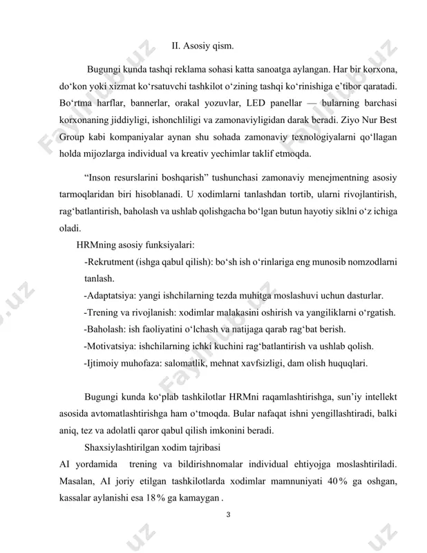 a, sun’iy intellekt asosida avtomatlashtirishga ham o‘tmoqda. bular nafaqat ishni yengillashtiradi, balki aniq, tez va adolatli qaror qabul qilish imkonini beradi. shaxsiylashtirilgan xodim tajribasi ai yordamida trening va bildirishnomalar individual ehtiyojga moslashtiriladi. masalan, ai joriy etilgan tashkilotlarda xodimlar mamnuniyati 40 % ga oshgan, kassalar aylanishi esa 18 % ga kamaygan . omonat va samaradorlik, rutina vazifalar (masalan, ma’lumot kiritish, arxivlash) ai orqali avtomatlashtiriladi: hr bir soatni tejaydi, bu kichik jamoada yillik yuz minglab soatni anglatadi. bu yo‘l bilan jarayon xarajatlarini 20–30 % gacha qisqartirish mumkin . aniq va ma’lumotga asoslangan qarorlar qabul qilish ai katta hajmdagi ma’lumotlarni tahlil qilib, trendlarni aniqlaydi va rejalashtirishda yordam beradi. misol uchun, turnover (charchash) oldidan xodimlarni aniqlash va chora ko‘rish imkonini beradi. adolat va tarafkashlikni kamaytirish, ishga qabul jarayonlarida ai algoritmlar insoniy tarafkashlikni kamaytiradi, masalan, rezumelarni ob’ektiv ko‘rib chiqadi. ko’p katta kompaniyalar buni kuchli amalga oshirgan (75 % ko‘proq xotin-qizlar saralangan). protsesslar va boshqaruvni, to‘liq …