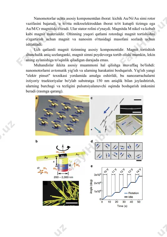 be bir vaqtning o'zida rotorga potentsial etkazib berish uchun mil va oqim o'tkazgich sifatida xizmat qiladi. valdagi ishqalanishni kamaytirish va rotorning 360 gradusga aylanishini ta'minlash uchun nanotubkaning tashqi yuzasi ilgari "silliqlangan va to'g'rilangan" edi, buning uchun u va stator o'rtasida juda yuqori kuchlanish qo'llanilgan - taxminan 80 volt. nanotubaning sirt qatlami olib tashlandi). "bizning nanoqurilmalarimiz biologiyada allaqachon ma'lum bo'lgan molekulyar motorlarga nisbatan ko'plab afzalliklarga ega, - deydi janob zettl. - tabiat tomonidan har xil turdagi chiziqli va aylanuvchi molekulyar motorlarni (ya'ni, nano o'lchovli motorlar) yaratish uchun ishlatiladigan juda qiziqarli mexanizmlarga qaramay, kinesin kabi. , atp sintetaza, bakteriyalarda flagellar motorlar, bu mexanizmlardan foydalanish juda tor o'ziga xosdir.ular keng harorat oralig'ida ishlay olmaydi, qat'iy belgilangan kimyoviy tarkibga ega suvli muhitni talab qiladi, shuningdek, juda sekin ishlaydi - ular uchun chegara. kilogerts chastotalaridir". shu bilan birga, mexanik nanomottorlar, yaratuvchilarning fikriga ko'ra, kriogendan yuzlab daraja selsiygacha bo'lgan haroratlarda, vakuum va suyuq muhitda, shuningdek, juda …