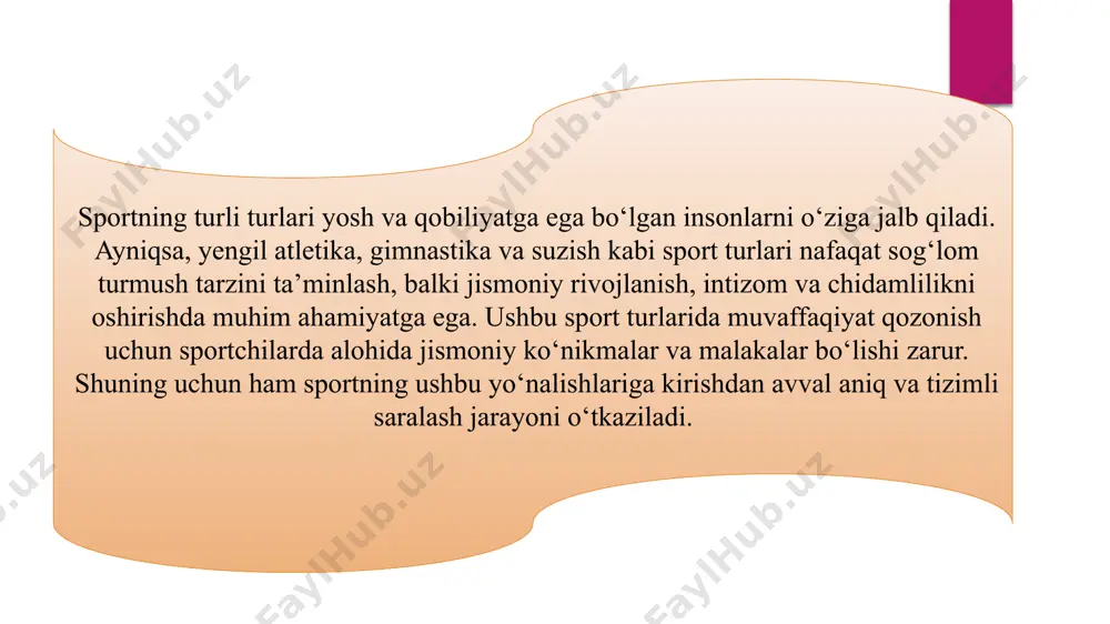 jismoniy rivojlanish darajasiga, sog‘lig‘iga va qiziqishlariga e’tibor qaratiladi. yosh bolalar va o‘smirlar uchun saralash biroz yumshoqroq bo‘lishi mumkin, ularga sportga qiziqishni oshirish va jismoniy tayyorgarlikni rivojlantirish uchun ko‘proq e’tibor beriladi. kattaroq yoshdagi nomzodlar uchun esa jismoniy imkoniyatlar va texnik ko‘nikmalar yanada qat’iyroq baholanadi. shu bilan birga, saralash jarayonida sportchilarning ruhiy holati, motivatsiyasi va intizomi ham muhim ahamiyatga ega, chunki muvaffaqiyatli sport faoliyati uchun faqat jismoniy qobiliyatlar emas, balki ruhiy kuch ham talab qilinadi. yengil atletika, gimnastika va suzish sport turlariga saralash sportchining kelajakdagi muvaffaqiyatlarini ta’minlashda muhim bosqich hisoblanadi. bu jarayon orqali sportchi o‘z kuchi, qobiliyati va qiziqishlariga mos keladigan yo‘nalishni topadi, shuningdek, murabbiylar sportchining jismoniy tayyorgarligini to‘g‘ri yo‘naltirish imkoniga ega bo‘ladi. saralashning muvaffaqiyatli o‘tishi natijasida sportchilar o‘z qobiliyatlarini to‘liq namoyon eta olishadi va sportdagi yutuqlarga erishish imkoniyatlari oshadi. shunday qilib, yengil atletika, gimnastika va suzish sport turlariga saralash jarayoni murakkab, lekin juda muhim bosqich hisoblanadi. u jismoniy, texnik va ruhiy …