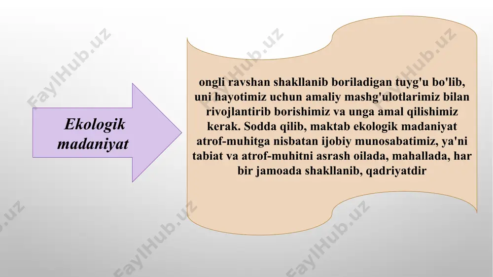 ga qaratilgan moddiy va ma’naviy qadriyatlar majmuasidir. tor ma’noda esa kishilarning amaliy va nazariy faoliyat maqsadini tabiatni muhofaza qilish bilan bog‘lash san’ati va madaniyati deb qarashi mumkin. tabiatga hurmat – ekologik madaniyat, tabiatni o‘zgartirilgan muhit sifatida emas, balki insoniyatning o‘ziga aloqador va uning qadr-qimmatligini anglash sifatida qabul qiladi. tabiatni saqlash va unga hurmat ko‘rsatishning muhimligini ko‘rsatadi. ekologik o‘zgarishlar bilan kelajakni aniqlash – ekologik madaniyat insoniyatni o‘zgaruvchan tabiatga munosib etishni, uning o‘zaro aloqasini va butun dunyodagi ekologik o‘zgarishlar bilan bog‘liqlikni anglashni talab qiladi. insoniyatning turli sohalarida ekologik xavfsizlik, iqtisodiyot, siyosat, ijtimoiy soha va boshqalar kabi jiddiy mavzularda hayotning ekologik tomonlarini o‘rganishni talab qiladi. energetika va ekologik tashqiyotlarning o‘zgarmasi - ekologik madaniyat, energiyani taqsimlash va tashqiyoatlarni kamaytirish, uni qayta ishlash, yaxshi ekologik ishlab chiqarishni va tozalashni qo‘llab-quvvatlashni talab qiladi. bu, energiyani rationallik va alternativ yechimlar, shuningdek, ekologik mezonlarning rivojlanishi, bioplastik va boshqa ekologik materiallarning ishlab chiqarilishi kabi yangi rivojlanishlarni o‘z ichiga oladi. …