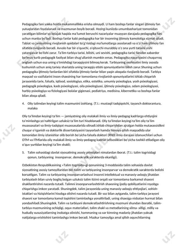 33 tasiga ozgartirishlar va qoshimchalar kiritilgan. qonunning asosiy maqsadi, talim sohasidagi faoliyati, jumladan talimning turlari, shakllari, tizimni boshqarish, sifatni nazorat qilish, talim-tarbiya ishtirokchilarining samarali hamkorlik qilish mexanizmlarini taminlashdan iboratdir. qonunning asosiy jihatlaridan yana biri shuki, mamlakatimizda talimni tashkil etishda alohida etibor qaratib kelinayotgan talim va tarbiyaga, milliy hamda umuminsoniy qadriyatlarning singdirilishi, shu paytgacha asosiy prinsip sifatida belgilanmagan edi. 3. pedagogika fanining boshqa fanlar bilan aloqasi (t.i.: falsafa, tarix, psixologiya, tibbiyot, fiziologiya). pedagogika fani yakka holda mukammallikka erisha olmaydi. u ham boshqa fanlar singari ijtimoiy fan yutuqlaridan foydalanadi va mazmunan boyib boradi. hozirgi kuniizda umumbashariyat tomonidan yaratilgan bilimlar va kelajak haqida maʼlumot beruvchi nazariyalar muayyan darajada pedagogika fani uchun manba bo'ladi. boshqa fanlar kabi pedagogika har bir insonning ijtimoiy kamolotiga xizmat qiladi. tabiat va jamiyatning rivojlanish qoidalari to'g'risidagi ma'lumotlarga asoslanadi va o'zi ham ijtimoiy fan sifatida rivojlanib boradi. avvalo har bir o'quvchi, o'qituvchi-murabbiy o'z ona yurti tarixini vishi yatangaivar bo'lishi zarur. …