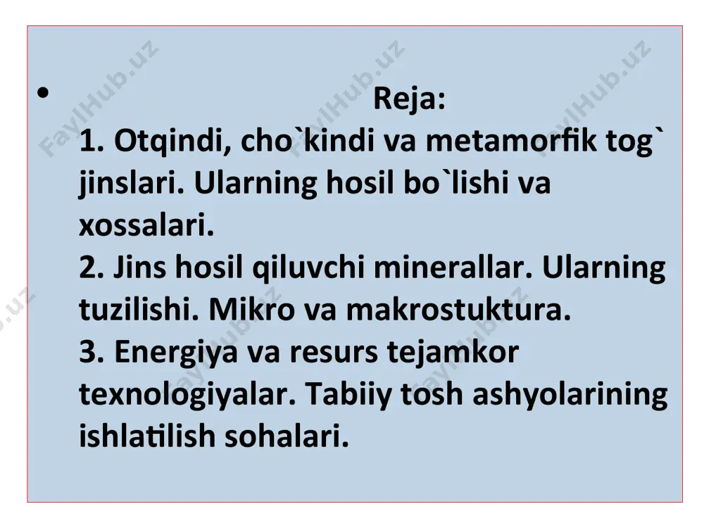 a tog‘ jinslari bir tekis kristalli tuzilishga ega bo‘ladi, buning natijasida turli kristallarning yirik donalari o‘zaro bitta bo‘lib qo‘shilib ketadi. chuqurlikda hosil bo‘lgan magmatik tog‘ jinslari yuqori zichligi, sovuqqa chidamliligi va suvni kam shimishi bilan ajralib turadi. bunday tog‘ jinslarning asosiy turlariga granit, diorit, gabboro, labradorit kabilar kiradi. otilib chiqib sovigan tog‘ jinslari (bazalt, andezit, diabaz va sh. k.) magmaning yer yuzasida tez sovishi natijasida hosil bo‘ladi. bunday sharoit- larda sovigan magma to‘liq kristallanmaydi. hosil bo‘lish sharoitlariga qarab, otqindi tog‘ jinslari mayda donador, yashirin kristalli yoki amorf tuzilishga ega bo‘ladi. agar yopishqoq magmadan gazsimon mahsulotlar sekin ajralib chiqqan bo‘lsa, unda g‘ovakli yoki pemzasimon tuzilish hosil bo‘ladi. chaqiq vulqonli jinslar vulqon otilib chiqqanda yer yuzasiga chiqarib tashlangan, erigan lavaning juda mayda zarrachalaridan hosil bo‘ladi. bu qatlamlar yumshoq holatda (vulqon kuli, pemza) qotgan yoxud sementlovchi tabiiy moddalar mavjud bo‘lganda va yuqorida joylashgan qatlamlarning bosimi ostida sementlangan zich jinslarga (vulqon tufi) aylangan. . …