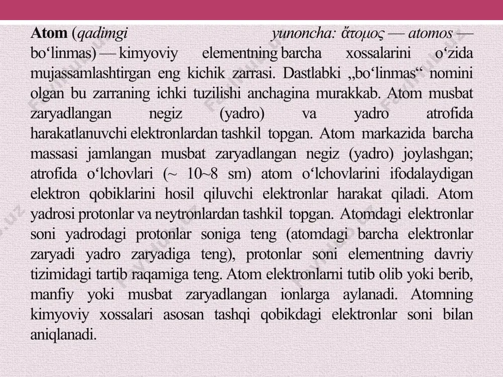 hil burchaklarda joylashtirildi va folgadan u yoki bu burchakka sochilgan zarralar soni sanaldi. koʻpchilik zarralar folgadan bir oz ogʻib oʻtib ketishi aniqlandi, biroq ayrim hollarda (tahminan 10 000 lan bittasida) α-zarraning 90˚ dan katta burchakka ogʻgani kuzatildi. rezerford tajribasi sxemasi. atom tuzilishining bor nazariyasi klassik fizika qonunlari o‘z mohiyatiga ko‘ra, uzluksiz jarayonlarni ifodalashga qodirdir. kimyoviy elementlar atomlari nurlanish spektridagi spektral chiziqlarning xarakteri atom ichidagi jarayonlar uzlukli ekanligini ko‘rsatadi. buni birinchi bo‘lib nils bor tushundi va klassik fizika qonunlarini atom ichkarisidagi jarayonlarga tatbiq qilib bo‘lmasligini ko‘rsatdi.rezerfordning atom tuzilishi planetar modeli to‘g‘ri hisoblansada, lekin atomning energiya nurlashi jarayonini, atomlarning turg‘unligini tushuntirishda qiyinchiliklarga duch keldi. 1913 yilda rezerfordning atom tuzilishi modeli daniyalik fizik nils bor tomonidan mukammallashtirildi va bu qiyinchiliklar bartaraf qilindi.bor rezerford tajribalarida kuzatilgan, lekin klassik fizika tushuntira olmaydigan natijalarni, qonuniyatlarni tushuntirishda o‘zining vodorod atomi tuzilishi modelini taklif qildi. bor modeli vodorod atomi tuzilishining birinchi muvaffaqiyatli modeli bo‘lib, atom tuzilishi to‘g‘risidagi tasavvurlarning …