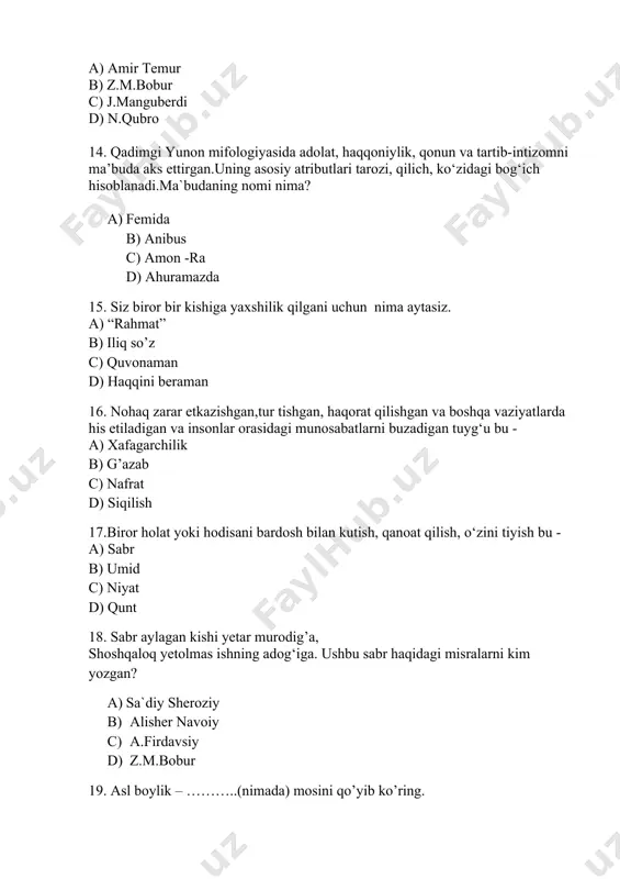 cha so‘zdan olingan bo‘lib, “o‘rin”, “joy” ma’nolarini bildiradi a) mahalla b) turar joy c) qishloq d) shahar 4. mahalla raisi va faollari to‘y, dafn marosimlari, turli xil bayramlarni tashkillashtirishda ishtirok etadi, hasharlar uyushtir a di. mahalla raisining muddati necha yil. a) 3 yil b) 5 yil c) 2.5 yil d) 4 yil 5. jahon sog‘liqni saqlash tashkiloti dunyoda “covid-19” nomli yangi koronavirus tarqalganligini e’lon qildi. ushbu virusning tez tarqalishi butun dunyo aholisi ning hayotini o‘zgartirib yubordi. ko‘plab mamlakatlar qatorida o’zbekistonda ham nima e’lon qildi. a) karantin b) o’zni-o’zi himoyalash c) maska taqish d) jarimalar e`lon qilindi 6. bir bolaga nechta mahalla ota-ona deganlaridek, mahallada farzandlar tarbiyasiga alohida e’tibor qaratiladi. a) yettita b) har bitta c) ko’pchilik d) o’ndan ortiq 7. momo o‘riklarni boshqa chelakka bo‘shatib ,idishga nima solib qo‘shni bolaga berdi a) , ichiga non, qandqurs b) uzum va olma c) mo’ljallab pul d) ikkita non 8. insonning xulq-atvori, yurish-turishi …