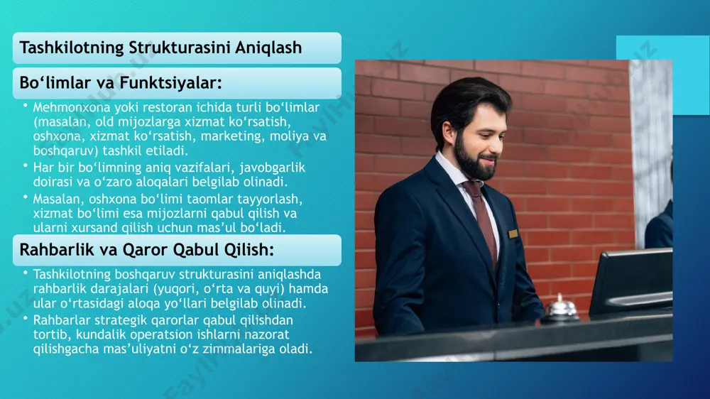 : mijozlar bilan muntazam aloqa o‘rnatish orqali xizmat sifati, buyurtmalarning to‘g‘ri bajarilishi va umumiy mijoz qoniqishi tahlil qilinadi. shuningdek, mijozlarning fikr va mulohazalari asosida xizmatlarda takomillashtirishlar kiritiladi. ichki audit va standartlar: xizmat ko‘rsatish jarayonlari uchun belgilangan standart protseduralarga rioya qilinishi muntazam ravishda tekshiriladi. ichki audit va sifat nazorati tizimi yordamida yuzaga kelishi mumkin bo‘lgan xatoliklar aniqlanib, ularni bartaraf etish bo‘yicha chora-tadbirlar amalga oshiriladi. moliyaviy rejalashtirish va nazorat byudjet tayyorlash: tashkilotning har bir faoliyat bo‘limi uchun aniq byudjetlar tuziladi. xarajatlar va daromadlar rejalashtiriladi, shu orqali moliyaviy resurslardan oqilona foydalanish ta’minlanadi. xarajatlar va daromadlar monitoring: kundalik, oylik yoki kvartalik moliyaviy hisobotlar tayyorlanib, xarajatlar, pul oqimi va foyda ko‘rsatkichlari muntazam nazorat qilinadi. bu tizim moliyaviy barqarorlikni saqlashga yordam beradi va kerakli tuzatish choralarini belgilaydi. investitsiya va pul oqimi boshqaruvi: tashkilotning investitsion qarorlari, aktivlar va passivlar holati, pul oqimi tahlillari orqali moliyaviy strategiya ishlab chiqiladi. bu esa uzoq muddatli rivojlanish va daromadni oshirishga yo‘l …