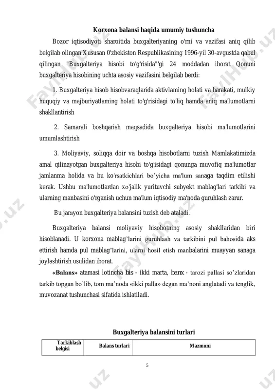 latadi. o‘zbekistonda balanslar birligiga erishilgan, chunki o‘zbekiston respublikasi moliya vazirligi 2002 yil 7 fevralda tasdiqlangan buxgalteriya balansining yagona shakli qabul qilingan, hisobvaraqlarning yagona rejasi qo‘llaniladi. moliyaviy hisobotning barcha shakllari o‘zbekiston respublikasi moliya vazirligi huzuridagi buxgalteriya hisobi va hisoboti uslubiyati va ularni tashkil etish boshqarmasi ishlab chiqqan «korxonalar choraklik va yillik moliyaviy hisobot shakllarini to‘ldirish bo‘yicha ko‘rsatmalar» asosida tuziladi. balansning izchilligi har bir keyingi balans oldingi balansdan kelib chiqishi lozimligida ifodalanadi. masalan, oldingi yil yakuniy balansi (yil oxiriga bo‘lgan ma‘lumotlar) boshlang‘ich balansi bo‘lishi kerak, chunki hisobot yili oldingi yilning davomi hisoblanadi. 8 balansning tushunarliligi – uning balansni tuzuvchilar va uni o‘qiydigan hamda tahlil qiladiganlar tushunishi uchun qulayligidir. balansni aniq va tushunarli qilish uchun moddalar rekvizitlari va nomlari ikki tilda (o‘zbek va rus tilida) bag‘n qilingan, uning shakli ancha soddalashtirilgan. xo‘jalik yurituvchi sub‘ektlar faoliyatiga rahbarlik qilish uchun ma‘lum bir muddatga uning ixtiyoridagi mablag‘lar, ularning tashkil topish manbalari holati haqidagi ma‘lumotlar zarur. buning …