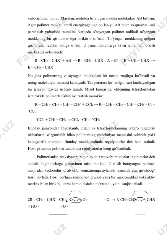 kulaning uzunligi ham kamayadi. ba’zi ingibitorlar reaksiyaning boshlang’ich davrida barcha aktiv markazlarni so’ndiradi. bunda polimerlanish ingibitor tugagandan keyingina boshlanadi. amalda ingibitorlar sifatida ko’p atomli fenollar, ayniqsa gidroxinon, pirokatexin,piragallol, aromatik aminlar, nitrobirikmalar, jumladan nitrobenzol, pikrin kislota, asetat tuzlar; noorganik moddalardan oltingugurt, yod, mis, temir va xrom elementlarining oksidlari ko’proq ishlatiladi. monomerlarni o’zoq joylarga jo’natish va ko’p miqdorda saqlash uchun ingibitorlardan keng ko’lamda foydalaniladi. monomerlarni o’z-o’zidan polimerlanishdan saqlash maqsadida ularga 0.5 – 1.5 % gacha ingibitor qo’shish kifoya. radikal polimerlanishning borishi temperaturaga bog’liq. temperaturaning ko’tarilishi muhitda aktiv markazlarni ko’paytiradi va ular temperatura ta’sirida serharakat bo’lib polimerning o’sish tezligi oshadi. temperatura ta’sirida o’sayotgan zanjirlarning bir-biri bilan yoki aktiv markaz bilan to’qnashish tezligi ya’ni makroradikallarning uzilish tezligi ham ortadi. demak bir tomondan polimer molekulalarining uzunligi ortib borsa, ikkinchi tomondan zanjirning uzulish tezligi oshib, molekulyar massaning qisqarishiga sabab bo’ladi. sistemada aktiv markazlar qancha ko’p bo’lsa, makromolekulalarning o’chami shuncha qisqa bo’ladi, aksincha aktiv markazlar qancha kam …