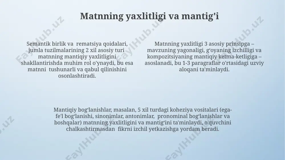 fema va interpnktsiya belgilari matn tuzilishida muhim rol o'ynaydi. gaplar va ularning tuzilishi gaplararo bog'lovchilar (masalan, "va", "lekin", "yoki") bo'shliqlar orasidagi semantik aloqani aniqlaydi va ularning tuzilishiga, ya'ni qo'shma yoki murakkab gaplarga aylanishiga ta'sir qiladi. bo'shliqlar matnning mantiqiy va grammatik tuzilishiga ta'sir ko'rsatadi, jumla tarkibida 2 dan 5 tagacha bo'shliq bo'lishi mumkin va ularning joylashuvi matnning ohangini o'zgartirishi mumkin. matnning koherentligi va yaxlitligi bo'shliqlarning o'zaro munosabatlari va ular orasidagi 3 ta asosiy turdagi mantiqiy aloqa (ziddiyat, sabab-oqibat, sanab o'tish) orqali ta'minlanadi. matnning uslubi va turi hujjatli matnlar, masalan, qonunlar yoki shartnomalar, aniq va qisqa jumlalarni, shuningdek, maxsus terminologiyani 50 dan ortiq soʻz bilan qoʻllanilishini talab qiladi. matnning uslubiy xususiyatlari 3 ta asosiy turga boʻlinadi: rasmiy, norasmiy va badiiy, ularning har biri oʻziga xos leksik va grammatik vositalar bilan ifodalanadi. matn turiga qarab, jumla tuzilishi va uzunligi, soʻz tanlovi va undagi qoʻshimchalar soni kabi omillar 10% dan 70% gacha oʻzgarib turishi …