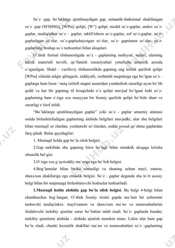 a gap bo`la olish belgisi. bu belgi 4-belgi bilan chambarchas bog`langan. o`zbek lisoniy tizimi gapda ma`lum bir axborotni tashuvchi tasdiq/inkor, mayl/zamon va shaxs/son ma`no va munosabatlarini ifodalovchi tarkibiy qismlar zarur bo`lishini talab etadi. so`z- gaplarda bunday tarkibiy qismlarni alohida - alohida ajratish mumkin emas. lekin ular ham gap bo`la oladi, chunki kesimlik shakllari ma`no va munosabatlari so`z -gaplarning o`zida mujassamlangan va ularning ichki mohiyatini tashkil qiladi. “bunday gaplarda kesimlik kategoriyasi ma`nolari va kesimlik ─ gap markazi vazifasida kelish ─ fikrni shakllantirish, uni ifodalash yo`q emas, bor. ular gap sifatida voqelanuvchi so`zning leksik ma`nosida mujassamlashgan. shu sababdan bunday gaplarda kesimlik mavjud, ammo kesimlik shakli ifodalanmagan” [3, 20-21;]. 2. demak, so`z-gaplar mustaqil gap bo`la olish “qobili yatiga” ega bo`lganligi uchun bu so`zlarga nisbatan “semantik funksional shakllangan so`z -gaplar” atamasi qo`llaniladi. bu atamadagi “semantik” tarkibiy qismi hodisaning lug`aviy (ma`noviy) tomoniga ishora qilib turadi. bunda gap markazi mavqeida kelgan leksemalarning ikki tabiiy xususiyati namoyon …