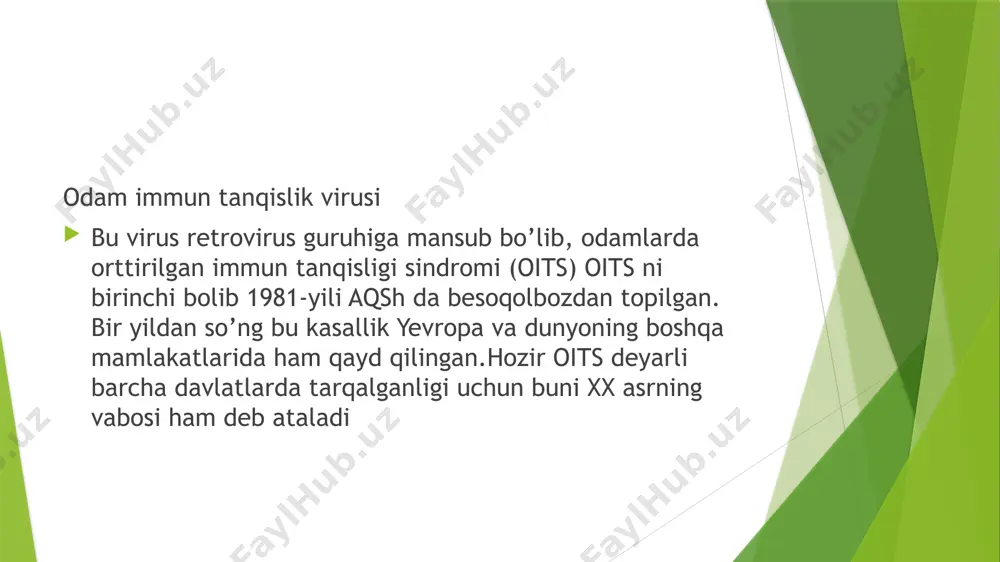 hosil bo’ladi. so’ngra bu ferment ishtirokida t-xelperlar xromasomasiga virus dnk si o’ralashadi va u yerda virus provirus holatida uzoq muddat saqlanib qolishi mumkin.oiv reproduksiyasi faqat provirus dnk sini t-xelperlar genomidagi hujayra dnk siga bog’liq rnk-polimeraza yordamida transkripsiya qilgandagina amalga oshadi. shunday qilib, oiv rnk si boshqa rnk tutuvchi viruslarga o’xshash mustaqil ravishda replikatsiya qila olmaydi.virus zarrachalarining komponentlari to’liq yig’ilib bo’lganidan so’ng yangi hosil bo’lgan viruslar hujayra membranasida vujudga kelgan«teshikdan» tashqariga chiqadi, natijada hujayraning osmotik bosimi o’zgarib,hujayra nobud bo’ladi. binobarin, viruslar barcha zararlangan limfotsitlarda ham hosil bo’lavermaydi, bu jarayon faqat vaqti-vaqti bilan amalga oshadi. antigenlari. virion o’zagidagi oqsillar va qobiq glikoproteinlari(gp160) antigenlik xususiyatiga ega. qobiq glikoproteinlari juda ham yuqori darajada antigen o’zgaruvchanlik xususiyatiga ega. bu “env” va “gag” genlaridagi nukleoproteidlarning almashinuv tezligi bilan belgilanadi.juda ham ko’p ajratib olingan oiv iarni irsiy tekshiruvdan o’tkazilganda nukleotid ketma-ketligi butunlay oʻxshash virus topilmagan. turli geografik hududlarda yashovchi bemorlardan ajratib olingan oiv shtammlarida katta farq borligi …