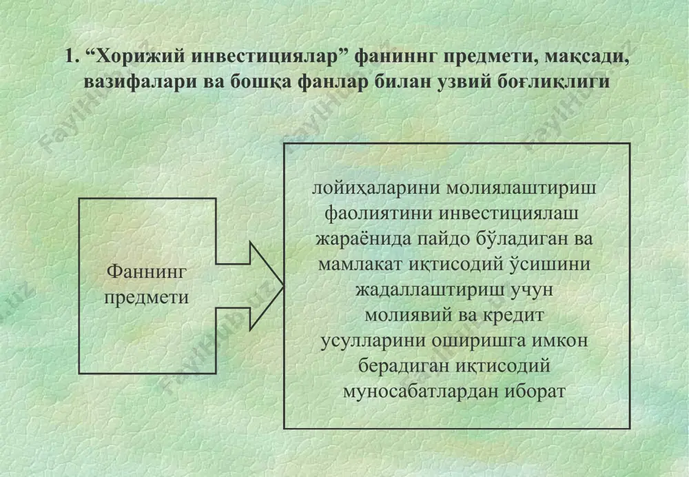 barcha turdagi boyliklar xorijiy investitsiya - bu kelajakda foyda yoki ijtimoiy samara olish uchun xorijiy investor tomonidan boshqa mamlakatning iqtisodiyotini rivojlantirish maqsadida ma'lum muddatga sarflangan barcha turdagi moddiy-texnik va intellektual boyliklarga aytiladi asosiy fondlar va aylanma mablag'larga investorlar qo'yadigan barcha turdagi boyliklar xorijiy investitsiyalar qo'yiladigan ob'ektlarga qarab to'g'ridan-to'g'ri portfel qimmatbaho qog'ozlarga qo'yadigan barcha turdagi boyliklar foyda, amortizatsiya ajratmalari, huquqiy shaxslar va fuqarolarning pul jamg'armalari va badallari, aktsiyalardan tushgan mablag'lar va boshqalar investitsiya loyihalarini moliyalashtirish manbalari jismoniy va yuridik shaxslarning o'z moliyaviy mablag'lari byudjetning moliyaviy mablag'lari jismoniy va yuridik shaxslarning qarzga olgan moliyaviy mablag'lari bank krediti, lizing, obligatsiyali, sertifikatli, vekselli va boshka xil qarzlar, xalqaro kreditlar, byudjetdan tashqari jamg'armalarning mablag'lari respublika va mahalliy byudjet mablag'lari 3. investitsiya faoliyatini moliyalashtirish manbalari va usullari investitsiya faoliyatini moliyalashtirish usullariga quyidagilar kiradi: 1. byudjet usuli. 2. kredit yoki lizing usuli. 3. o'z-o'zini moliyalash usuli. 4. aralash usul. 4. o'zbekistonda investitsiya muhiti va unga ta'sir etuvchi …