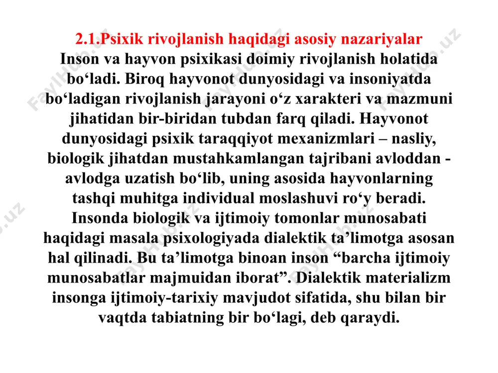 irini birlikda qarash to‘g‘ri yo‘nalish hisoblanadi. biologik omillarga irsiyat va tug‘ma, nasldan-naslga o‘tuvchi xususiyatlar kiradi. bola nasliy yo‘l bilan avvalom bor nerv sistemasi tuzilishini bosh miya, sezgi organlarining insoniy xususiyatlarini; har bir kishi uchun xos bo‘lgan jismoniy belgilar – ikki oyoqlab yurish, atrof-muhitni bilish va unga ta’sir etish organi sifatida qo‘lga egalik, nutq harakat apparatining o‘ziga xos, insoniy tuzilishini oladi. bulardan tashqari biologik, instiktiv ehtiyojlar – ovqatga, issiqlikka bo‘lgan ehtiyojlarni, oliy nerv faoliyati tipi xususiyatlarini ham bola nasliy yo‘l bilan qabul qiladi. nerv sistemasi, sezgi organlari, bosh miyaning tabiiy, tug‘ma psixofiziologik va anatomik xususiyatlari layoqat deb ataladi. layoqat asosida esa insoniy, intellektual xususiyatlar, qobiliyatlar shakllanadi va rivojlanadi. rivojlanish jarayonida bola shaxsining o‘zgarishi ham ro‘y beradi. bu o‘zgarishlarni 3 ta guruhga bo‘lish mumkin. shaxs yo‘nalishining rivojlanishi. faoliyatning psixologik strukturasidagi xususiyatlar. ong mexanizmlarining rivojlanish darajasi. rivojlanish jarayonida bolalarda shakllanuvchi motivlar turli-tumandir. rivojlanish, taraqqiyot haqidagi bir-biriga qarama-qarshi bo‘lgan 2 ta konsepsiya mavjud. bular: …