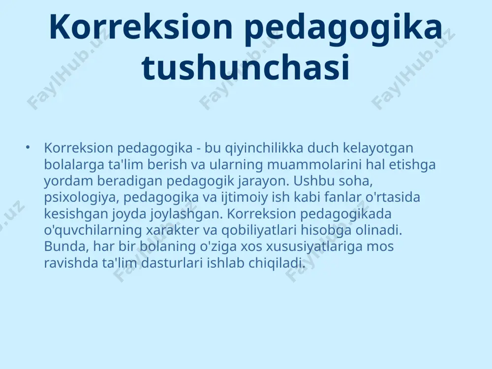 atlarini va ijtimoiy munosabatlarini rivojlantirishga asoslanadi. bu mezonlar bolalarning ta'lim jarayonidagi ishtirokini, o'z ijtimoiy muhitidagi o'zgarishlarni va psixologik holatlarini o'lchashda qo'llaniladi. har bir bolaning alohida muvaffaqiyatlari baholanib, rivojlanishdagi yangi yo'nalishlar belgilanishi kerak. korreksion pedagogikada foydalaniladigan vositalar korreksion pedagogikada turli vositalar va materiallardan foydalaniladi. bu vositalar o'quv jarayonini yanada qiziqarli va samarali qilishga yordam beradi. shuningdek, maxsus o'quv dasturlari, ko'rgazmali materiallar va interaktiv texnologiyalar ham qo'llaniladi. ular bolalarning qobiliyat va ko'nikmalarini rivojlantirishda ayniqsa muhimdir. korreksion ta'lim va ijtimoiy integratsiya korreksion ta'lim jarayoni, bolalarning ijtimoiy integratsiyasiga katta yordam beradi. ular jamiyatda o'z o'rnini topish, yangi do'stlar orttirish va o'zaro munosabatlarni mustahkamlashda qiyinchiliklar bilan duch keladilar. korreksion ta'lim orqali bolalar ijtimoiy ko'nikmalarni o'rganishi, o'zgalar bilan hamkorlikda ishlashni o'rganishi va o'zaro hurmatni mustahkamlash imkoniyatiga ega bo'lishadi. korreksion pedagogikaning dolzarb masalalari korreksion pedagogikada dolzarb masalalar ko'plab muammolarni qamrab oladi. ularning ichida, ta'lim muassasalarining yetarli resurslar bilan ta'minlanmasligi, murabbiylar uchun ta'lim dasturlarning yetishmasligi va ota-onalarning hamkorligi …
