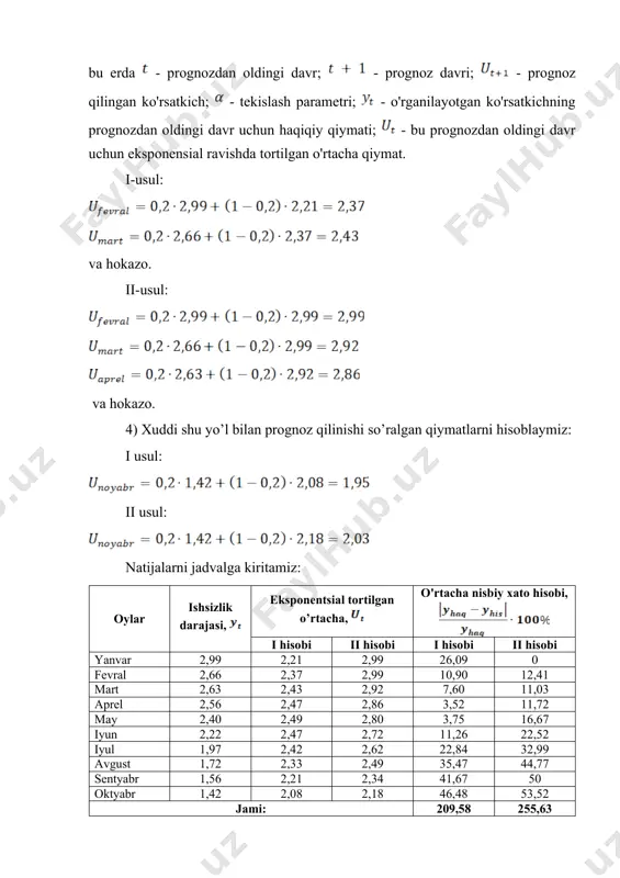 yicha hisoblaymiz: bu erda – o’rganilayotgan hodisaning haqiqiy qiymati, – o’rganilayotgan hodisaning hisoblangan qiymati, - vaqtli qatoridagi darajalar soni; prognozning aniqligini baholash uchun o'rtacha nisbiy xatoliklarning talqin qilinishi quyidagi jadvalda keltirilgan: jadval o'rtacha nisbiy xato qiymatlarini talqin qilish o'rtacha nisbiy xato (), % talqini 50 aniqlik qoniqarsiz i usul: ii usul: ikkala holatda ham prognozning aniqligi qoniqarli, chunki o'rtacha nisbiy xatolik 20-50% gacha bo’lgan oraliqqa tushmoqda. ushbu muammoni sirg’aluvchi o'rtacha va eng kichik kvadratchalar usullari yordamida echib, xulosa chiqaramiz. sirg’aluvchi o’rtacha usuli bo’yicha echish: yanvar fevral mart aprel may iyun iyul avgust sentyabr oktyabr 2,99 2,66 2,63 2,56 2,40 2,22 1,97 1,72 1,56 1,42 sirg’aluvchi o’rtacha usul yordamida prognoz qilinayotgan qiymatni hisoblash uchun quyidagilar kerak: 1. tekislash oralig'ining qiymatini aniqlash, masalan 3 ga teng (). 2. dastlabki uch davr uchun sirg’aluvchi o'rtacha qiymatini hisoblash. hosil bo'lgan qiymat jadvalga kiritiladi. so’ng keyingi uch davr: fevral, mart, aprel oylari uchun ni hisoblaymiz. …
