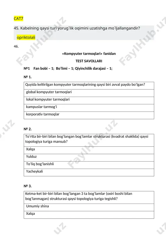 idan foydalaniladi? paketlarni deytagrammali kommutatsiyalash paketlarni virtual kanal orqali uzatish vaqtni taqsimlash aso-sida kanallarni kommu-tatsiyalash chastotali multi-plekslash asosida kanallarni kommu-tatsiyalash № 13. manba: н.а. олифер, в.г. олифер “компьютерные сети: принципы, технологии, протоколы” пятое издание, издатель питер, 2016. xii bob. 3-§. qiyinlik darajasi – 2 optik tolali ethernet tarmog’ining maksimal uzunligi qanday? 2740 m 500 m 5000 m 2500 m № 14. manba: н.а. олифер, в.г. олифер “компьютерные сети: принципы, технологии, протоколы” пятое издание, издатель питер, 2016 . xii bob. 3-§. qiyinlik darajasi – 2 100base-tx spetsifikatsiyasi qaysi texnologiyaga tegishli? fast ethernet ethernet gigabit ethernet fddi № 15. manba: н.а. олифер, в.г. олифер “компьютерные сети: принципы, технологии, протоколы” пятое издание, издатель питер, 2016 . xii bob. 3-§. qiyinlik darajasi – 2 fast ethernet texnologiyasi spetsifikatsiyalari qaysi komitet tarkibida ishlab chiqilgan? 802.3 802.1 802.2 802.5 № 16. manba: н.а. олифер, в.г. олифер “компьютерные сети: принципы, технологии, протоколы” пятое издание, издатель питер, 2016 …