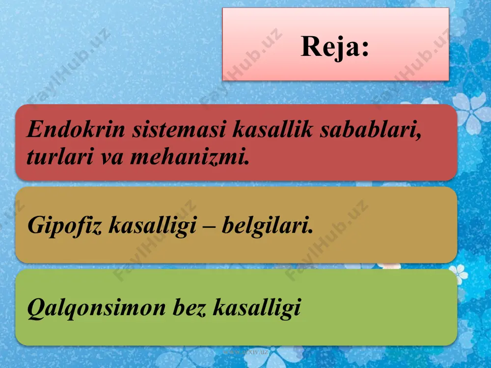 anadi. masalan asab-ruhiy shikastlanishlar natijasida markaziy asab sistemasi faoliya-tining buzilishi qalqonsimon bezning ortiq darajada ish-lashga va tiretoksikoz rivojlanishiga olib keladi. shuning bilan birga qalqonsimon bez faoliyatining susayishi (masalan nasliy gipotireoz) markaziy asab faoliyatining buzilishiga va aqliy pasayishga (tireopriv kretinizm) olib keladi. endokrin buzilishlarining ikkinchi muhim mexanizmiga endokrin sistema ichida o’zaro munosabatining buzilishi, ya'ni endokrin bezlar va ularning gormonlari bog’lanishlarining buzilishi kiradi. endokrin sistemasining normal faoliyati asosida bezlar o’rtasida musbat va manfiy bog’lanishlar yotadi. musbat bog’lanish misoliga qaysidir trop (oziqlantiruvchi) gormoni periferik endokrin beziga nisbatan rag’batlantiruvchi ta'siri, masalan adeno-gipofizning ttg gormoni qalqonsimon bezga ta'sirini (bevosita musbat bog’lanish) ko’rsatish mumkin. manfiy bog’lanish misoliga qalqonsimon bez gormonining, jumladan troksinni adenogipofizga susaytiruvchi ta'siri va ttg ishlab chiqarilishi kamayishini ko’rsatish mumkin (manfiy teskari bog’lanishi). bu bog’lanishlar muhim moslashuv ahamiyatiga ega bo’ladi. masalan, organizmga stress omillar ta'sir etilishida adenogipofiz tomonidan aktg ishlab chiqarilish kuchayadi. www.arxiv.uz www.arxiv.uz endokrin sistemasi faoliyati buzilishilarining uchinchi mexanizmi ichki sekresiya bezlari bilan …