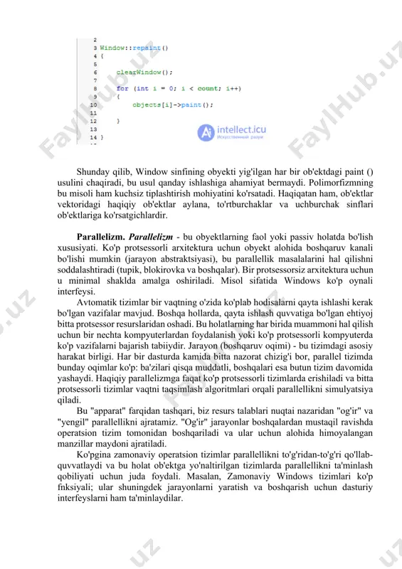 bosadi deb taxmin qilish kifoya. (aslida, tur va sinf bir xil emas; ba'zi tillarda ular farqlanadi. masalan, trellis / owl tilining dastlabki versiyalari ob'ektga ham sinf, ham turga ega bo'lishga ruxsat bergan. hatto smalltalkda ham smallinteger, largenegativeinteger, largepositiveinteger sinflari bir xil turdagi integerga tegishli bo'lsa-da, har xil sinflarga tegishli). tiplashtirish – bu boshqa sinf o'rniga bir sinf obyektlarini ishlatishdan himoya qilish usuli (kuchli tiplashtirish) yoki hech bo'lmaganda bunday foydalanishni nazorat qilish (zaif tiplashtirish). tiplashtirish bizni mavhumliklarimizni shunday ifoda etishga majbur qiladi, uni amalga oshirishda ishlatiladigan dasturlash tili dizayn qarorlariga sodiq qoladi. yozish konsepsiyasida turni moslashtirish g'oyasi markaziy o'rinni egallaydi. masalan, fizik birliklarni olaylik. vaqtni masofaga bo'lish orqali biz og'irlikni emas, tezlikni olamiz. haroratni kuchga ko'paytirishning ma'nosi yo'q, lekin masofani kuchga ko'paytirishda - bor. bularning barchasi kuchli tiplashtirish misollaridir, bu yerda dastur sohasi abstraksiyalarni ishlatish va kombinatsiyasiga qoidalar va cheklovlar qo'yadi. zaif tiplashtirish bilan ishlar biroz murakkablashadi. zaif tiplashtirish polimorfizm tushunchasi …