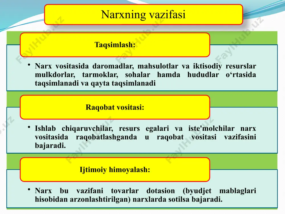 g yuqori chegarasi belgilab quyildi. 2-bosqich (1993 yil) da ulgurji narxlarni davlat tomonidan tartibga solish to‘xtatildi. davlat tomonidan qat'iy belgilanadigan va tartibga solib turi-ladigan tovar (xizmat) lar soni ancha qisqardi. 3-bosqich (1994 yil oktyabr-noyabr)da xalq iste'mol tovarlari asosiy turlari narxlari erkin qo‘yib yuborildi, transport va kommunal xizmat-larning ta'riflari oshirildi. adabiyotlar ro’yhati jo’rayev t.,iqtisodiyot nazariyasi. . darslik..-t.: «fan va texnologiya» nashr, 2018. – 512 bet. ўлмасов а., ваҳобов а.в. иқтисодиёт назарияси. дарслик. – т.: «iqtisod- moliya», 2018. – 480 бет. jo’rayevt.,iqtisodiyotnazariyasi. о’quvqo’llanma. .-t.: «fanvatexnologiya» nashr, 2017. – 638 bet в. ф.максимова [и др.] экономическая теория:учебник для бакалавров /; под общей редакцией в. ф. максимовой. – москва: издательство юрайт, 2019. – 580 с toshmatovsh, asatullaevx, allaberganovz. darslik. t.: iqtisodiy ta’limotlar tarihi« iqtisod-moliya», 2018. – 341 bet. г. е. алпатов [и др.]. экономическая теория : учебник и практикум для бакалавриата и специалитета / под редакцией г. е. алпатова. – москва: издательство юрайт, 2018. …