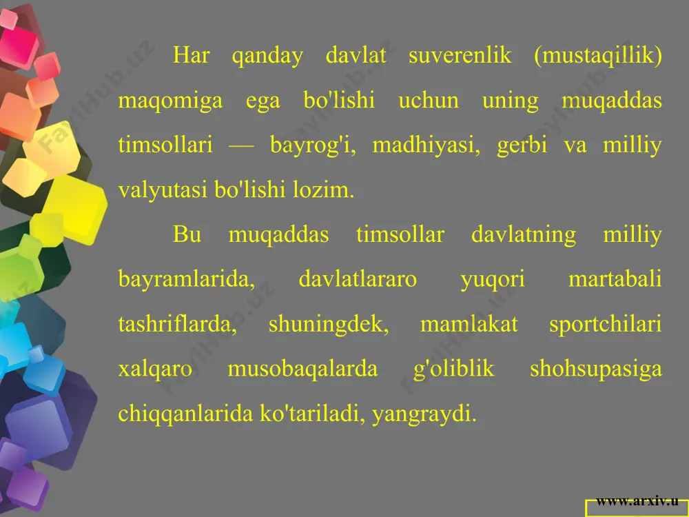 iklash borasida o'tkazilayotgan tadbirlarning ramziy emblemalarining ham muallifidir. alpomish, kamoliddin behzod, jaloliddin manguberdilarning yubileylariga ishlangan emblemalar shular jumlasidandir. www.arxiv.uz respubiikamiz gerbining tuzilishi dumaloq shaklga ega. uning chap tomonida paxtaning ochilgan chanoqlari, o'ng tomonida esa to'kinchilik, qutbaraka ramzi - bug'doy boshoqlari chambaragi o'zbekiston bayrog'i bilan o'ralgan holda tasvirlangan. gerbning yuqori qismida jipslik timsoli sifatida ichida yarim oy va yulduz tasvirlangan sakkiz burchak uning chap va o'ng chambaraklarini ramziy bog'lab turadi (15-rasm). www.arxiv.uz xalqimizda turli rivoyat va afsonalar bor. unda afsonaviy humo qushi oliyjanoblik, himmat, fidoyilik, ezgulik ramzi sifatida tarannum etiladi. respubiikamiz gerbida tasvirlangan qanotlarini yozib turgan humo qushi xalqimizning tinchlik, totuvlik, farovonlik, yaxshilik, baxt-u saodatga intilish yo'lidagi orzu-umidlarini ifodalaydi. tasviriy san'atning ramziy belgilar bilan bog'liq sohasi ham mavjud. bu soha o'zida rangtasvir, grafika, dizayn san'ati elementlarini mujassam etgan holda shaharlar, mamlakatlarning ramziy belgilari — gerblarini tasvirlaydi. gerb juda qadimiy rasmiy va ramziy timsol. u bir necha ming yillik tarixga ega. bu …