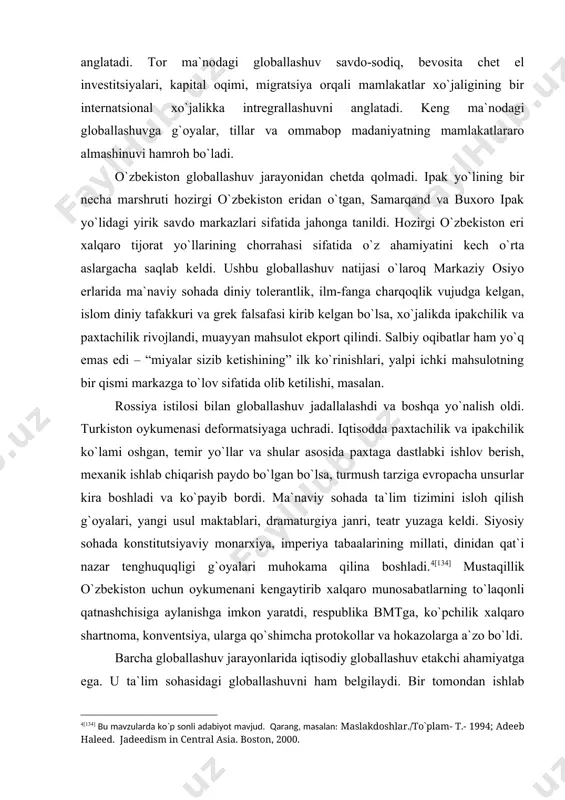 `zo bo`ldi. barcha globallashuv jarayonlarida iqtisodiy globallashuv etakchi ahamiyatga ega. u ta`lim sohasidagi globallashuvni ham belgilaydi. bir tomondan ishlab chiqarish va boshqaruv sohalarida bir хil bilim, qo`nikma va usullar talab qilinadi. boshqa tomondan ta`lim sohasining o`zi ham global bozor va raqobat sharoitida faoliyat ko`rsatishi kerak. yuzaga kelgan muammolarga javoban masofadan ta`lim, umr davomida ta`lim va bolon`ya jarayoni, deb yuritiladigan choralar vujudga keldi. globallashgan хo`jalik va transmamlakat korporatsiyalar bir mamlakatda ta`lim olib boshqa mamlakatda, undan yana uchinchisiga o`tib ishlay oladigan mutaхassislarni talab qiladi. yuqoridagilarda aхborot kommunikatsiya teхnologiyalari turli miqyosda bo`lsa-da, katta ahamiyat qasb etadi. [135] bolon`ya jarayoni bir tomondan yaqinlashuv va muvofiqlashtiruv orqali raqobatbardoshlikni oshirishga qaratilgan bo`lsa, boshqa tomondan evropa madaniyati va ma`naviyatini asrab qolishga qaratilgan. bular bolon`ya bayonotining asosiy tamoyillarida aks ettirilgan: ishga joylashish imkoniyati bilan grajdanlar mobilligining asosiy yo`nalishi sifatida oliy ta`lim evropa zonasini qo`rish; evropaning intellektual, madaniy, ijtimoiy va ilmiy va teхnikaviy salohiyatini mustahkamlash, evropa oliy ta`limining dunyodagi …