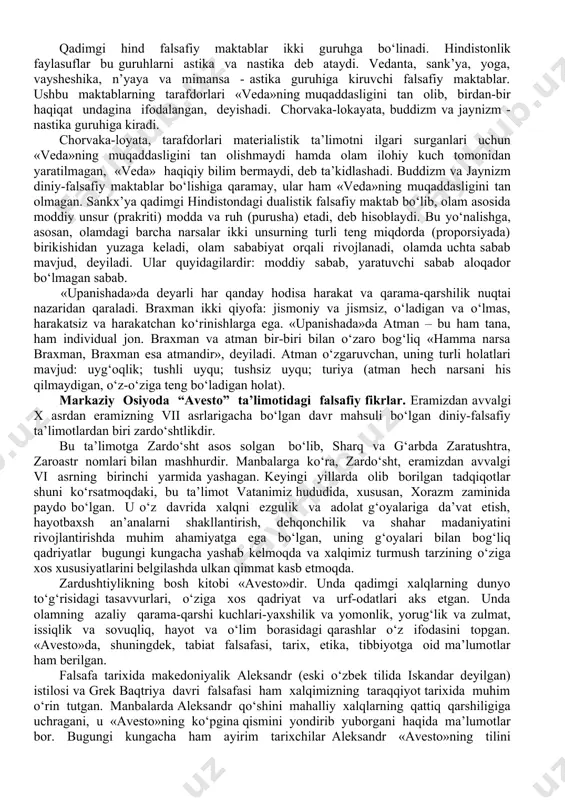 kosmologiya, riyoziyot fanlari rivoji bilan bog‘liq ekanini, ikkinchi yo‘nalish esa, bu tasavvurlarning mifologiya bilan bog‘liq bo‘lganini ko‘rsatadi. birinchi holda, asosan, tabiiy bilimlarga tayanilgan, kundalik hayotda duch kelinadigan voqea hodisalar aniq dalillar asosida tahlil etilgan, o‘rganilgan, ulardan tegishli xulosalar chiqarilgan. bu - o‘sha davr uchun tabiiy hol edi, ya’ni u - davrning inson ongida aks etishi, kundalik turmush hodisalarining oddiy bir tarzda mfodalanishi edi. aynan ana shu hol tabiiy bilimlar rivojiga, garchand sodda tarzda bo‘lsa-da aksariyat hodisalarning falsafiy asosda izohlanishiga sabab bo‘lgan. ikkinchi holatda esa, hali tabiat kuchlarining qarshisida nihoyatda ojiz bo‘lgan odamzod, albatta, tevarak atrofdagi voqea-hodisalarni mifologik izohlashi tabiiy bir hol edi. shu bilan birga, odamning mavjudlik xossalarini va olam qonuniyatlarini ilmiy tushunish ko‘nikmasi hali shakllanib ulgurmagan o‘sha qadim zamonlarda, afsona hamda rivoyatlarga asoslanib fikr yuritmaslikning imkoni ham yo‘q edi. bu - o‘sha davrlardan qolgan yozma manbalarda, xususan, «xo‘jayinning o‘z quli bilan hayotining mazmuni haqida suhbati», «arfist qo‘shig‘i», «o‘z hayotidan …