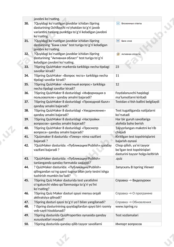 n? слайды → дизайн 58. ?ispring dasturida yaratilgan savolning nusxasini yaratish yo’lini ko’rsating? главная → дублировать 59. ?ispring dasturida ovoz yozish qaysi bo’limda va qaysi tugma bilan amalga oshiriladi? главная → запись аудио 60. ?ispring dasturiga video joylashtirish qaysi bo’lim va tugmadan amalga oshiriladi? главная → видео 61. ?ispring dasturidagi savollarga yangi javob qo’shish qanday amalga oshiriladi? введите вариант ответа 62. ?testlarni ispring dasturiga qanday qilib ms excel dasturidan yuklab olish mumkin? импорт вопросов → excel 63. ?ispring dasturida tayyorlangan testlarni qayis mavzuda ekanligini test boshlanishidan oldin yozish, joylash qaysi qatorda to’g’ri ko’rsatilgan? группа вопросов 64. ?ispring dasturida har bir slide ya’ni sahifaga animatsiya qo’yish qaysi menyu orqali bajariladi? анимация 65. ?ispring dasturidagi har bir taqdimotga shakl joylash yo’lini ko’rsating? вставка→объект 66. ?ispring dasturida bir taqdimot(slide)dan ikkinchi taqdimot(slide)ga o’tishda vaqtini o’zgartirish qaysi menyuda joylashgan? переход→смена слайда 67. ?ispring dasturida har bir taqdimot(slide)ga fon tanlash qaysi menyu orqali amalga oshiriladi? конструктор …