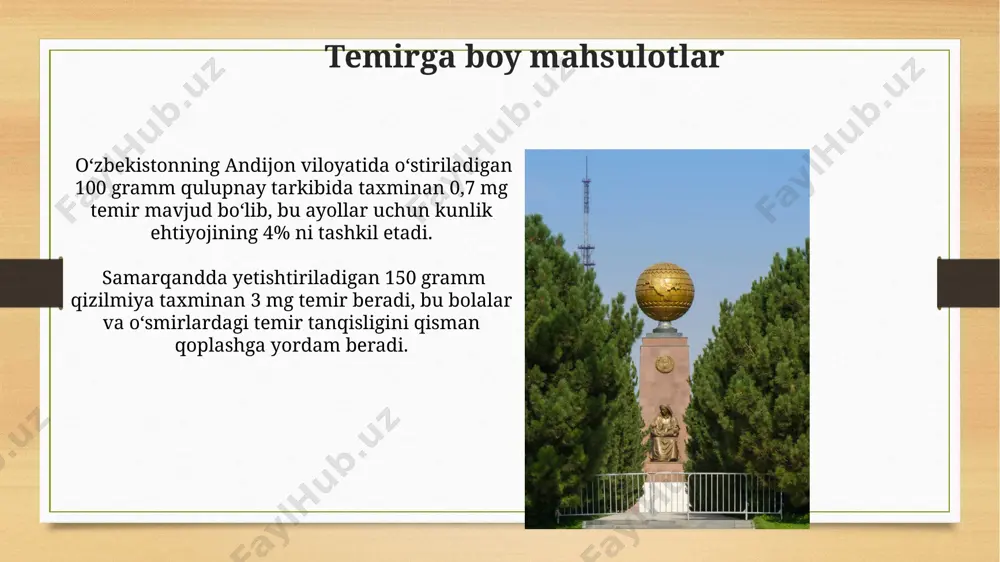 tanqisligi kamqonligining asosiy sabablaridan biri oʻzbekistonning ayrim qishloq hududlarida, masalan, qashqadaryo viloyatida, parhezda temirga boy oziq-ovqat mahsulotlarining yetishmasligi hisoblanadi, bu 10 yoshgacha boʻlgan bolalarda koʻproq uchraydi. oʻzbekiston aholisining taxminan 25 foizida, ayniqsa, homilador ayollar va emizikli onalarda, tez-tez takrorlanuvchi qon ketishlari, masalan, ogʻir hayz koʻrish yoki ichki qon ketishlar, temir tanqisligiga olib keladi. temir tanqisligi kamqonligining davolash usullari temir tanqisligi kamqonligini davolashda, samarqanddagi shifoxonalarda 100 mg dan 200 mg gacha temir sulfat preparatlari keng qo‘llaniladi, bu davolashning samaradorligini oshirishga yordam beradi. uzbekistonda temir preparatlarini qabul qilish bilan birga, 3 oy davomida kunlik ratsionga 500 gramm dan kam bo'lmagan meva va sabzavotlarni qo'shish tavsiya etiladi. bu organizmning temirni yaxshiroq so'rib olishini ta'minlaydi. kelajakdagi tadqiqotlar va istiqbollar qashqadaryo va samarqand viloyatlarida 1000 nafar ayol orasida temir tanqisligi anemiyasi tarqalishini aniqlash bo‘yicha keng ko‘lamli epidemiologik tadqiqot o‘tkazish va xavf omillarini aniqlash istiqbolli yo‘nalish hisoblanadi. surxondaryo viloyatida temirga boy oziq-ovqat mahsulotlarini iste’mol qilish darajasini …
