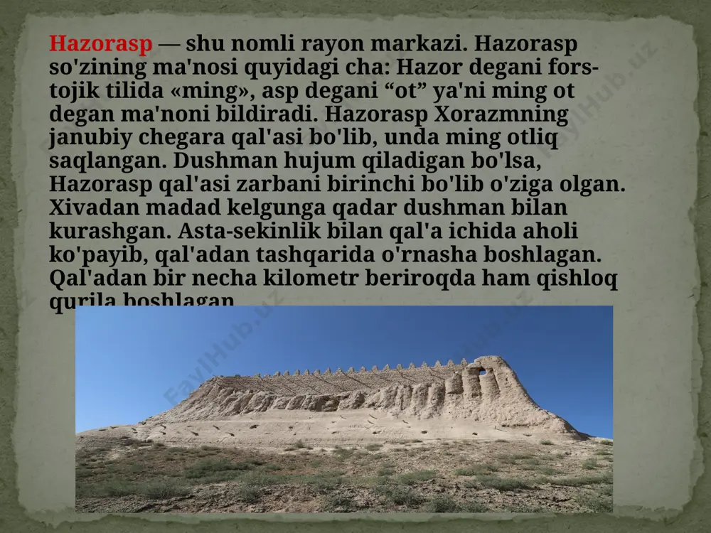 . qashqadaryo viloyatining ma'muriy markazi. qarshi o'zbekistonning eng ko'hna shaharlaridan biri. u grek — baqtriya davlati davridan beri mavjud. shahar xiv asrgacha naxshab deb atalgan. arablar bu maxdlliy nomni buzib nasaf deb ishlatgan bo'lsa kerak. hozirgi qarshi xiv asrning birinchi yarmida voha o'rtasida samarqand, buxoro, afg'oniston, hindiston va sharqdagi boshqa qo'shni mamlakatlardan keladigan yo'llar ustida qurilgan. chig'atoy naslidan bo'lgan kepakxon (1309 —1326) qashqadaryo vodiysiga o'rnashgan eski naxshabdan ikki farsax narida o'ziga saroy qurgan. saroy mo'g'ul tilida qarshi deb ataladi. qarshi «shoh qal'asi» degan ma'noni ham bildiradi, deyishadi. surxondaryo — tojik tilidan olingan bo'lib, «surx» — qizil, ya'ni qizil daryo demakdir. surxondaryo bosh oladigan tog' tizmalari, daralar, tog' jinslarida qizil ranglar mavjud. suv bu jinslarni o'zi bilan oqizib kelganligi sababli qizil tusli tuyuladi. shuning uchun erli xalq — qizil daryoni tojik tilida «surxondaryo» deb atashgan. termiz — grek — baqtriya davlati davrida termiz «tarimita» nomi bilan, makedonskiyning istilochilik davrida «aleksandriya» deb …