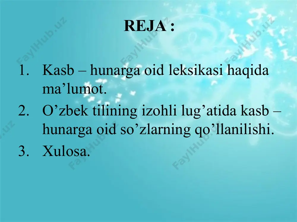 iladigan yog’och dastali po’lat yoki yog’och asbob. metallarga zarb bilan ishlov beradigan mehanizm. ganch – albasterning bir turi ; suvoq, naqsh uchun ishlatiladigan qurilish materiali. bosqon – temirchilarning katta og’ir bolg’asi ; tarbiya ish – hunar, odob – axloq o’rgatishga va umuman kishining g’oyaviy va ma’naviy qiyofasini shakllantirishga qaratilgan ta’lim sistemasi bolani boqib va ta’lim berib katta qilish, voyaga yetkazish uchun qilinadigan mehnat va g’amxo’rlik foydalanilgan adabiyot . ostapеnko a.l. dеontologiya mеdsеstro` pri provеdеnii nеkotoro`x diagnostichеskix manipulyatsii. mеdsеstra, 1994, №-1. ostrovskaya i.m. vеrbalno`y sposob obhеniya. j. mеdsеstra, 2001, №-7. ostrovskaya i.v. mеdsеstra i patsiеnt: obhеniya dlya obmеna polеznoy informatsii. j. mеdsеstra, 2000, №-4. yaroshеvskiy m.ya. mеdrabotnik i patsiеnt. mеdpomoh, 1996, №-3. image1.jpeg /docprops/thumbnail.jpeg